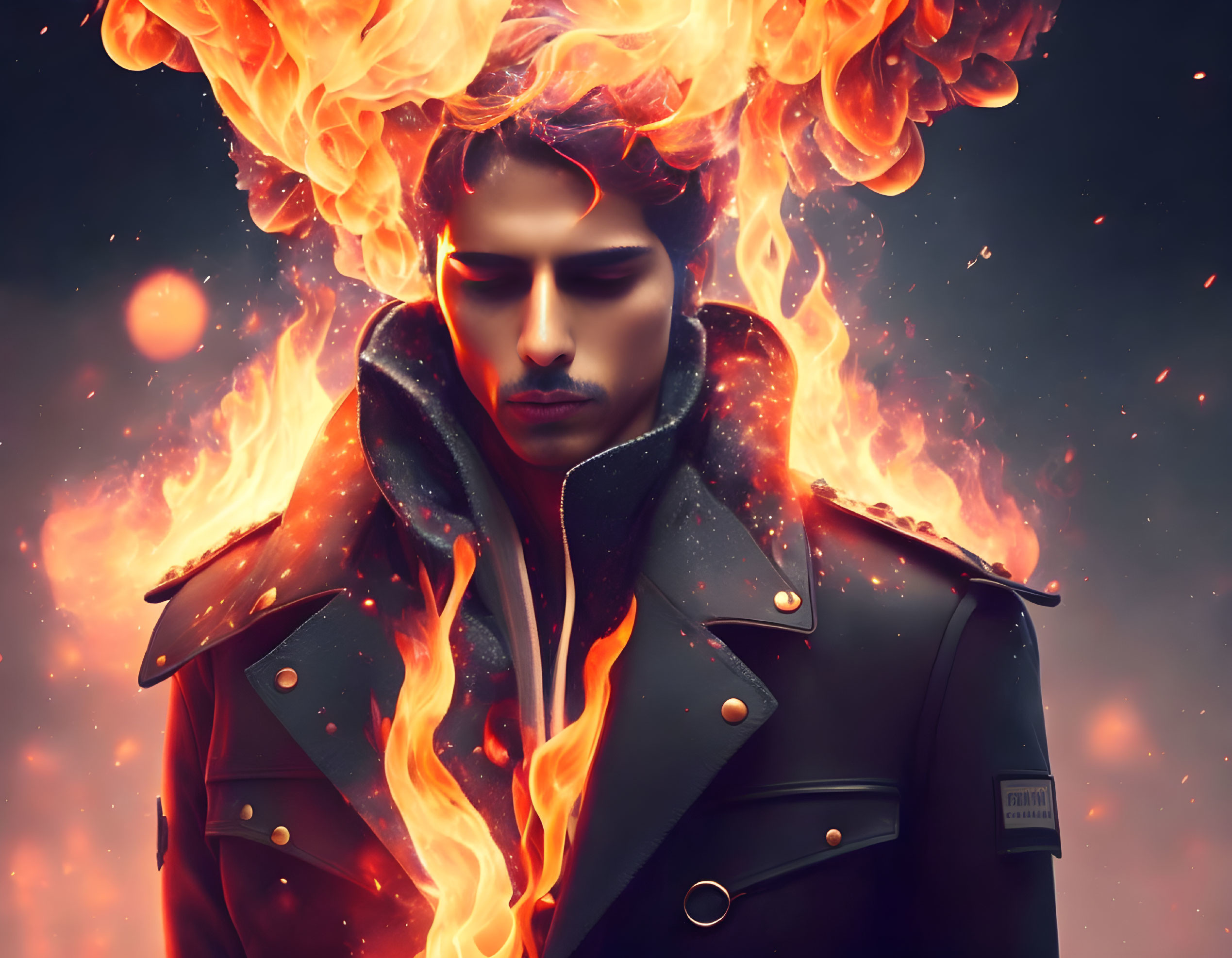 Man with fiery mane in dark military coat engulfed in flames