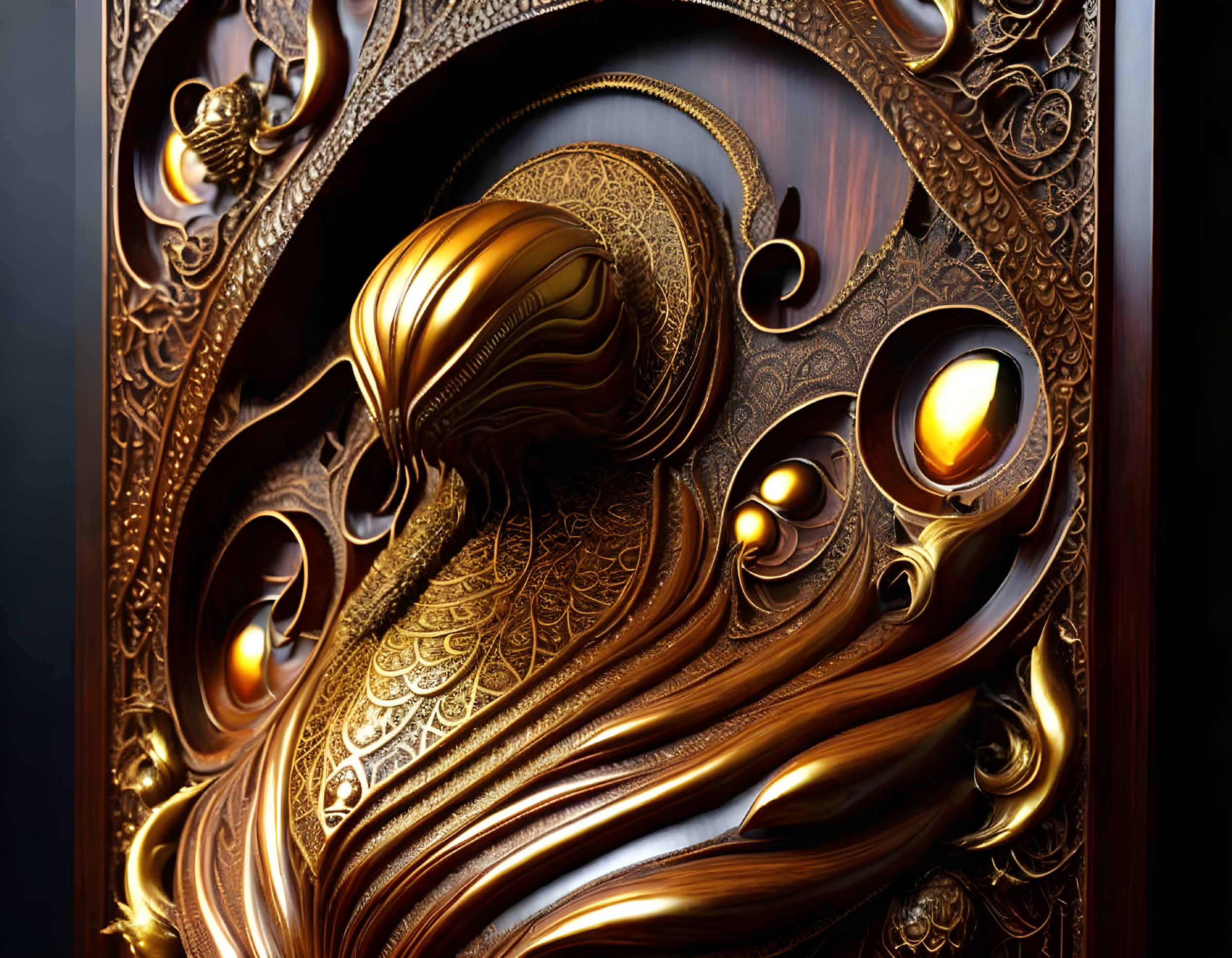 Golden peacock design with amber accents in dark wooden frame