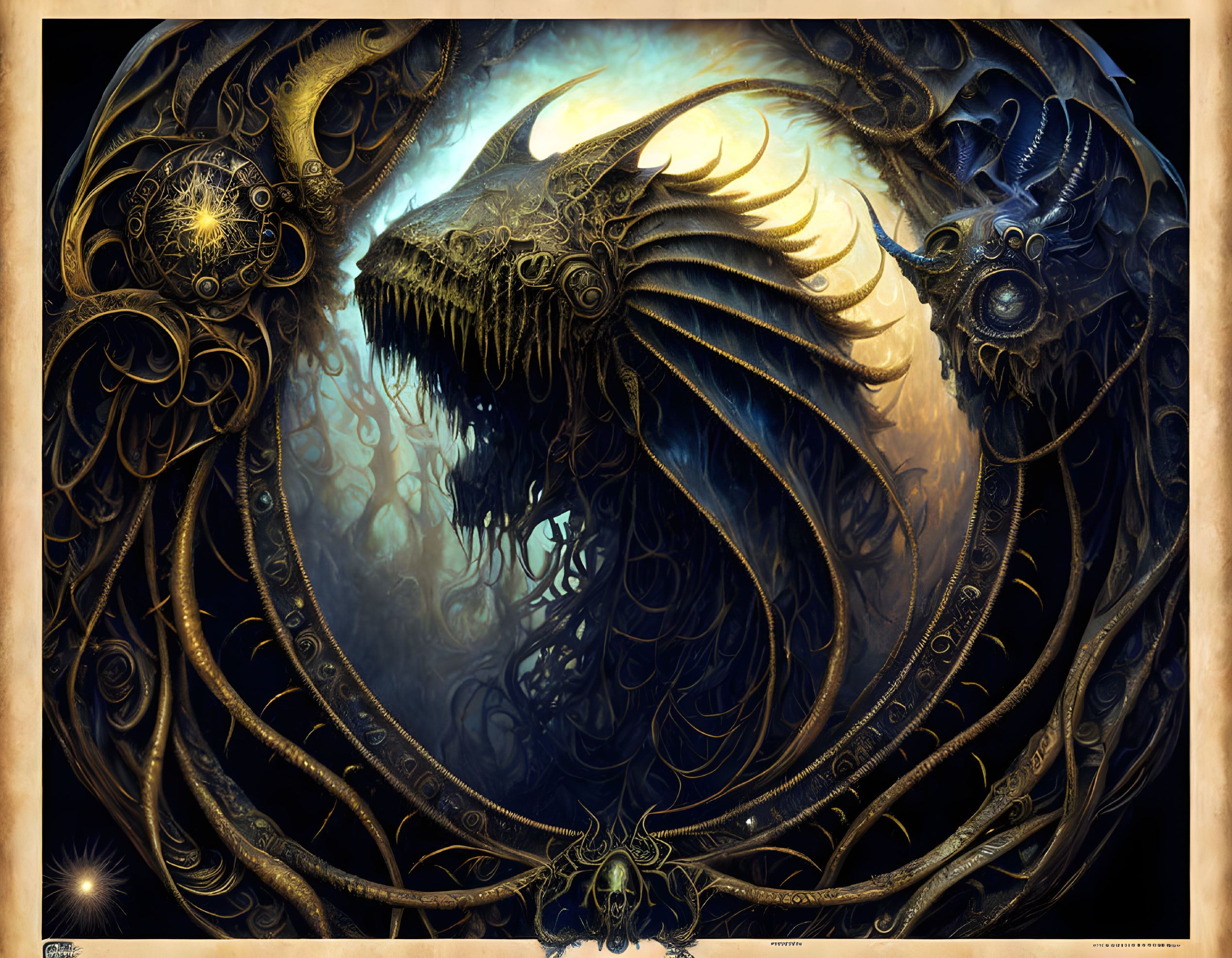 Fantastical dragon with golden gears and celestial bodies on dark backdrop.