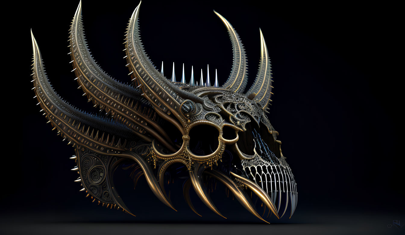 Detailed Dark Metallic Dragon Skull with Spikes and Gear-like Textures