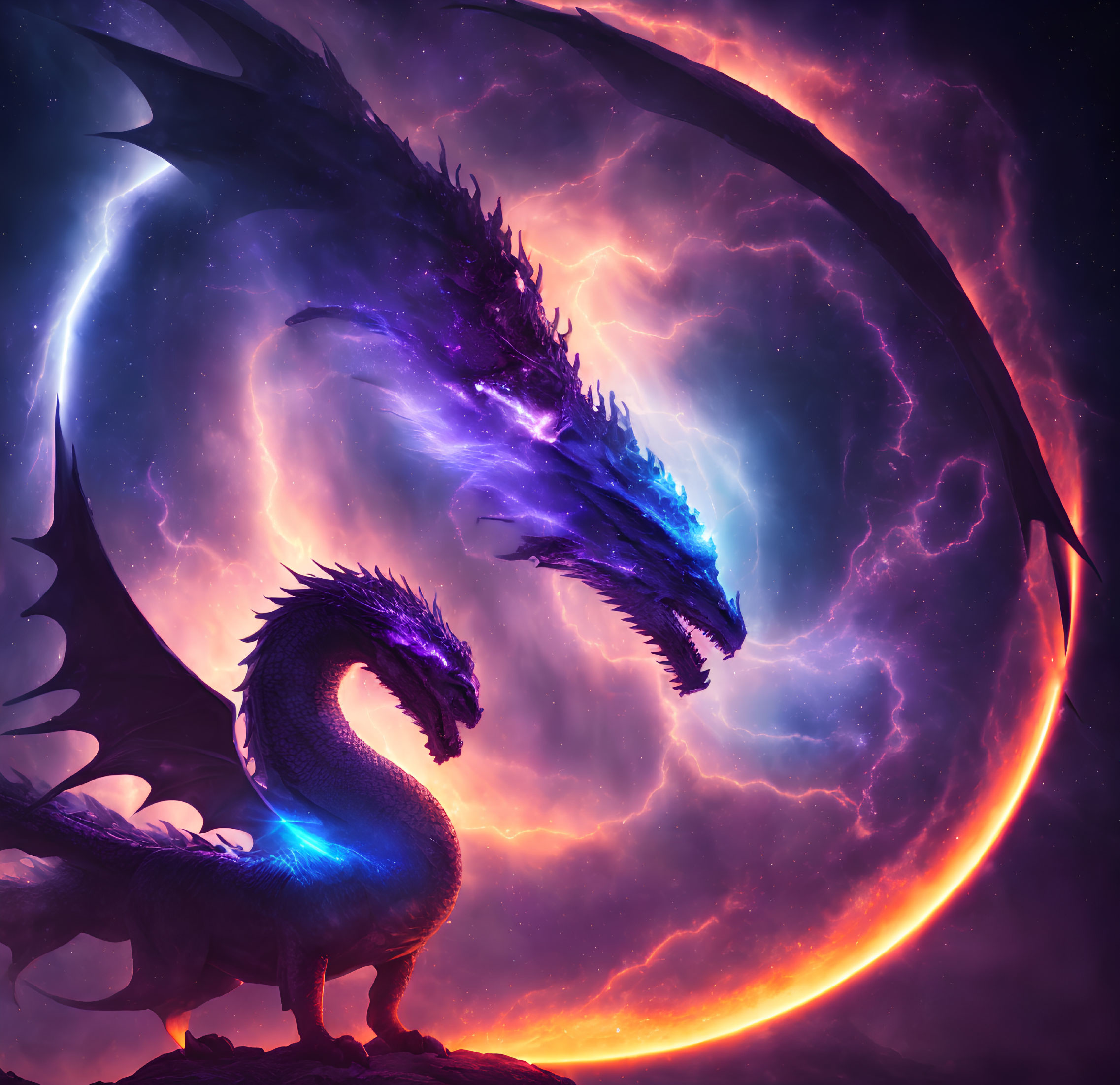 Majestic Blue Dragon in Purple and Orange Cosmic Sky