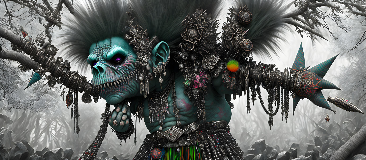 Blue-skinned humanoid creature with metal and bone ornaments in misty forest.