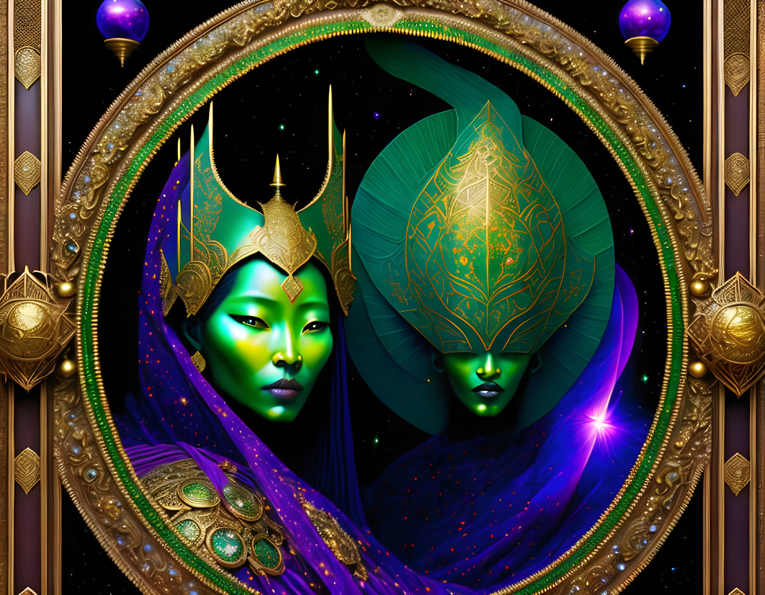 Symmetrical digital artwork of regal female figures in cosmic setting