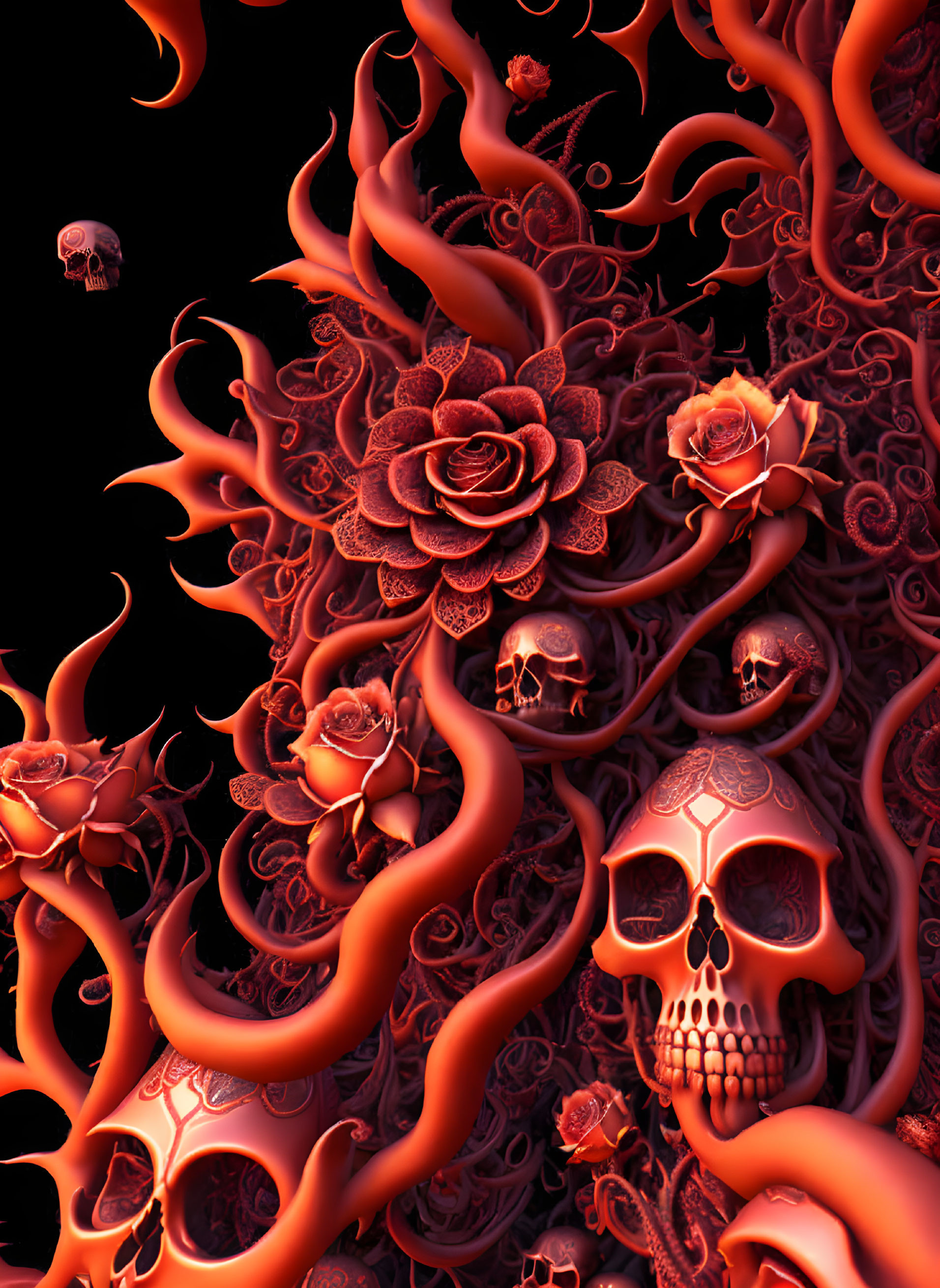 Surreal artwork: Crimson roses, skulls, and organic shapes on dark background