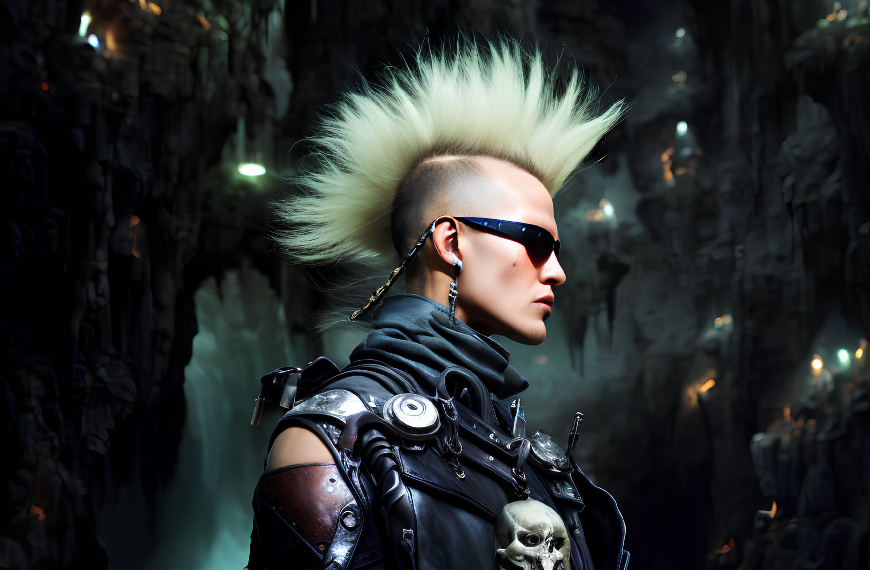 Punk Mohawk Hairstyle with Futuristic Cyberpunk Attire and Sunglasses