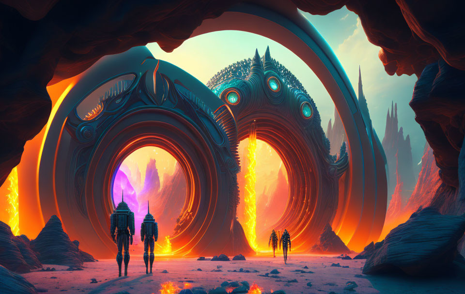 Sci-fi scene: Two figures near alien archway under crimson sky