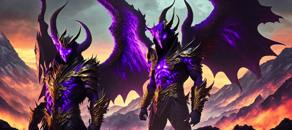 Dragon-like creatures in volcanic landscape with horns and purple accents