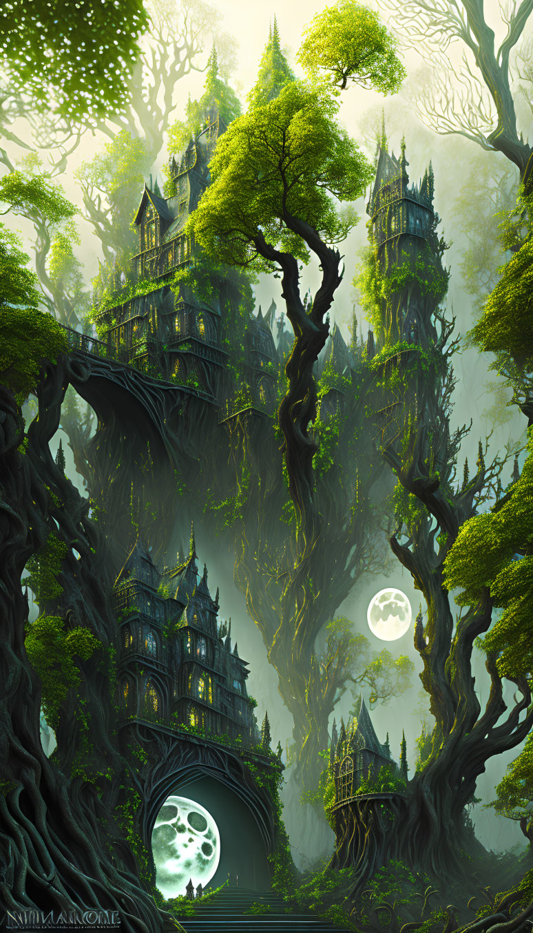 Mystical moonlit green forest with gothic treehouse