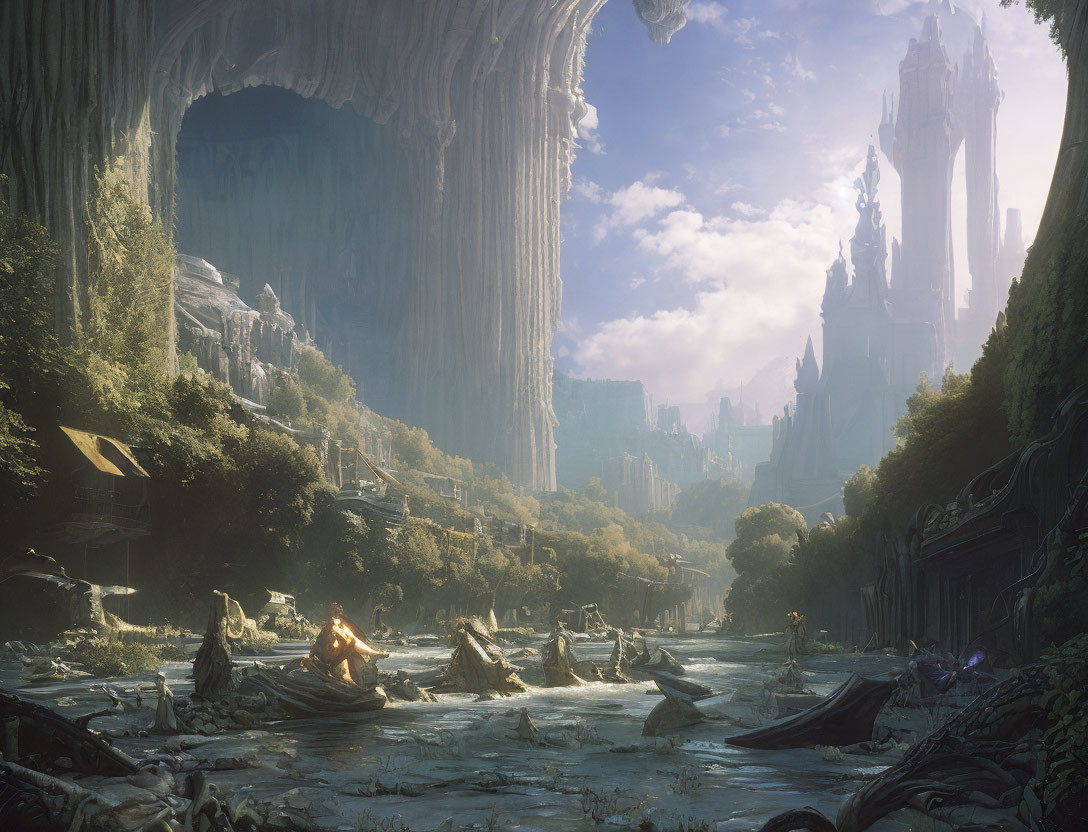 Mystical river scene with rocky cliffs and castle ruins