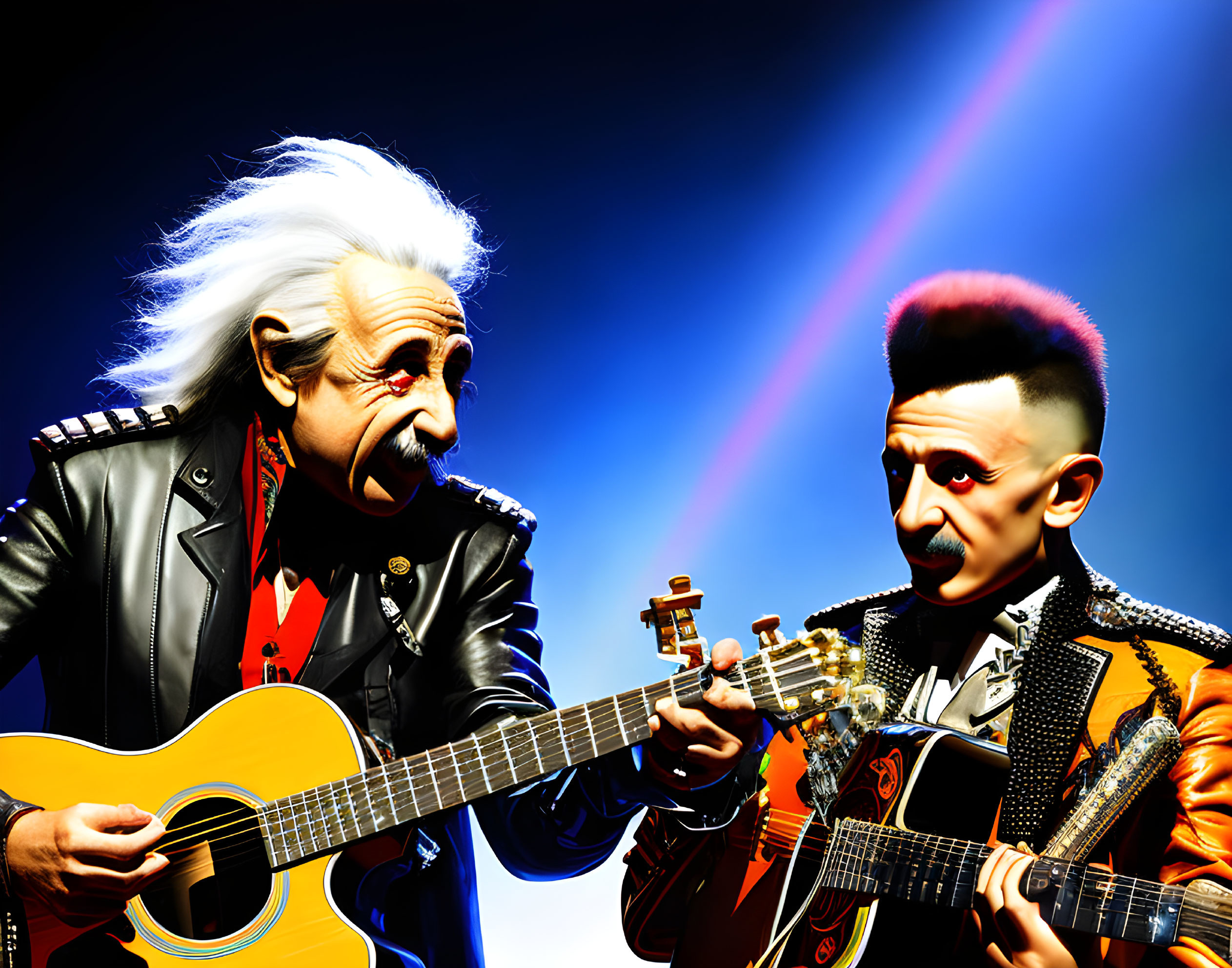 Exaggerated caricature figures playing guitars under blue sky with colored beams crossing