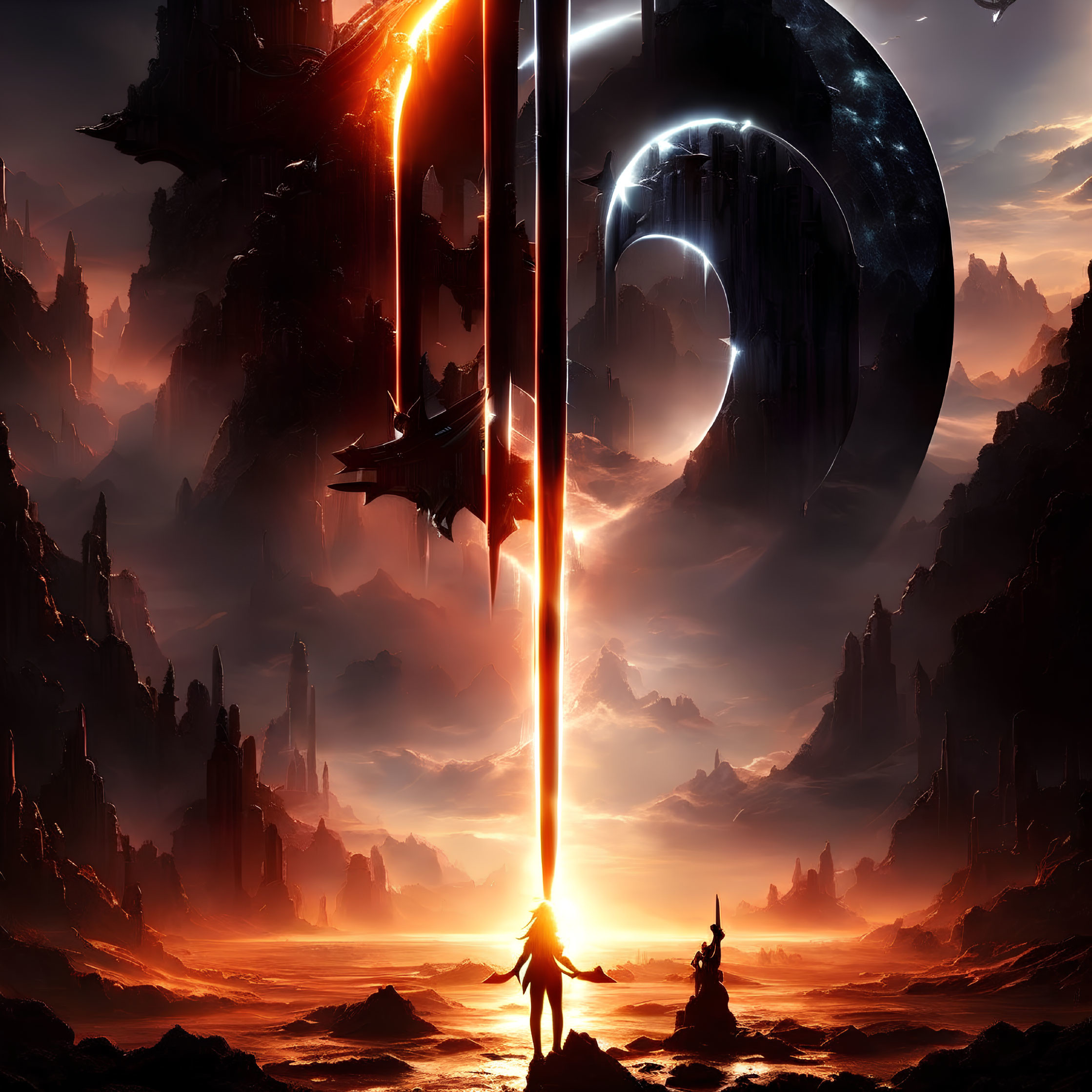 Figure silhouette against futuristic landscape with glowing sword and celestial moon