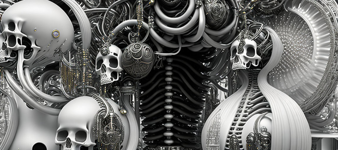 Monochrome digital artwork: Human skulls merge with mechanical elements in abstract landscape