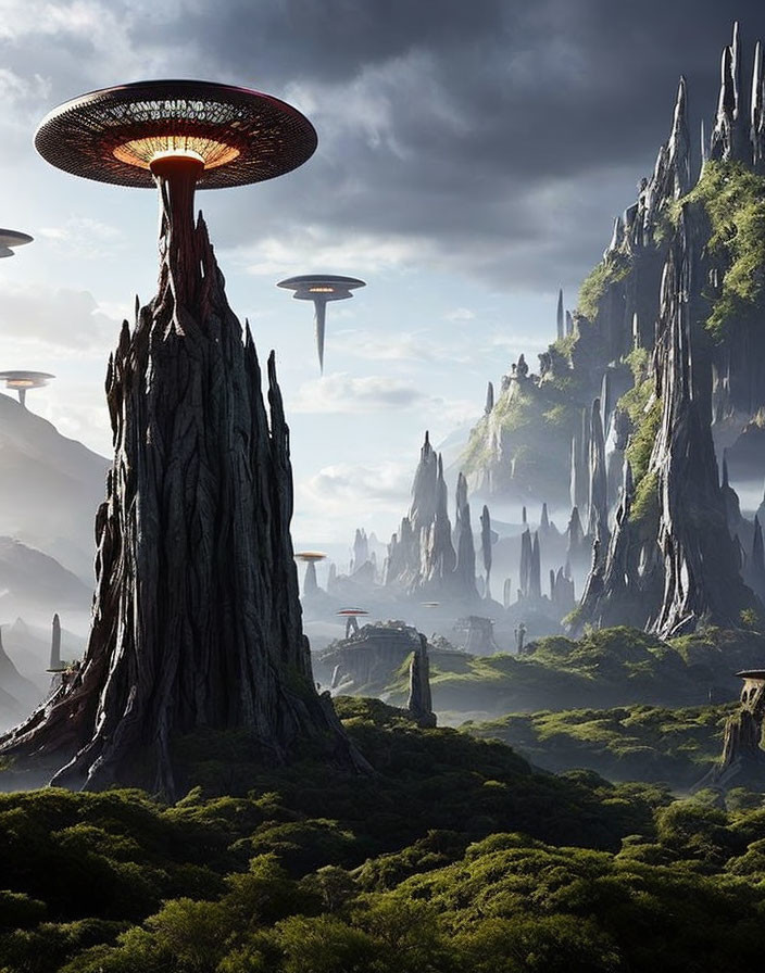 Fantastical landscape with towering rock formations and alien mushroom-like structures amid lush greenery