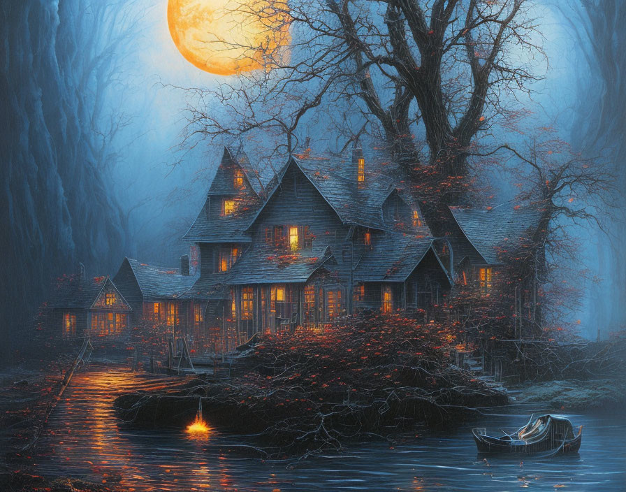 Mystic illuminated manor by river under full moon