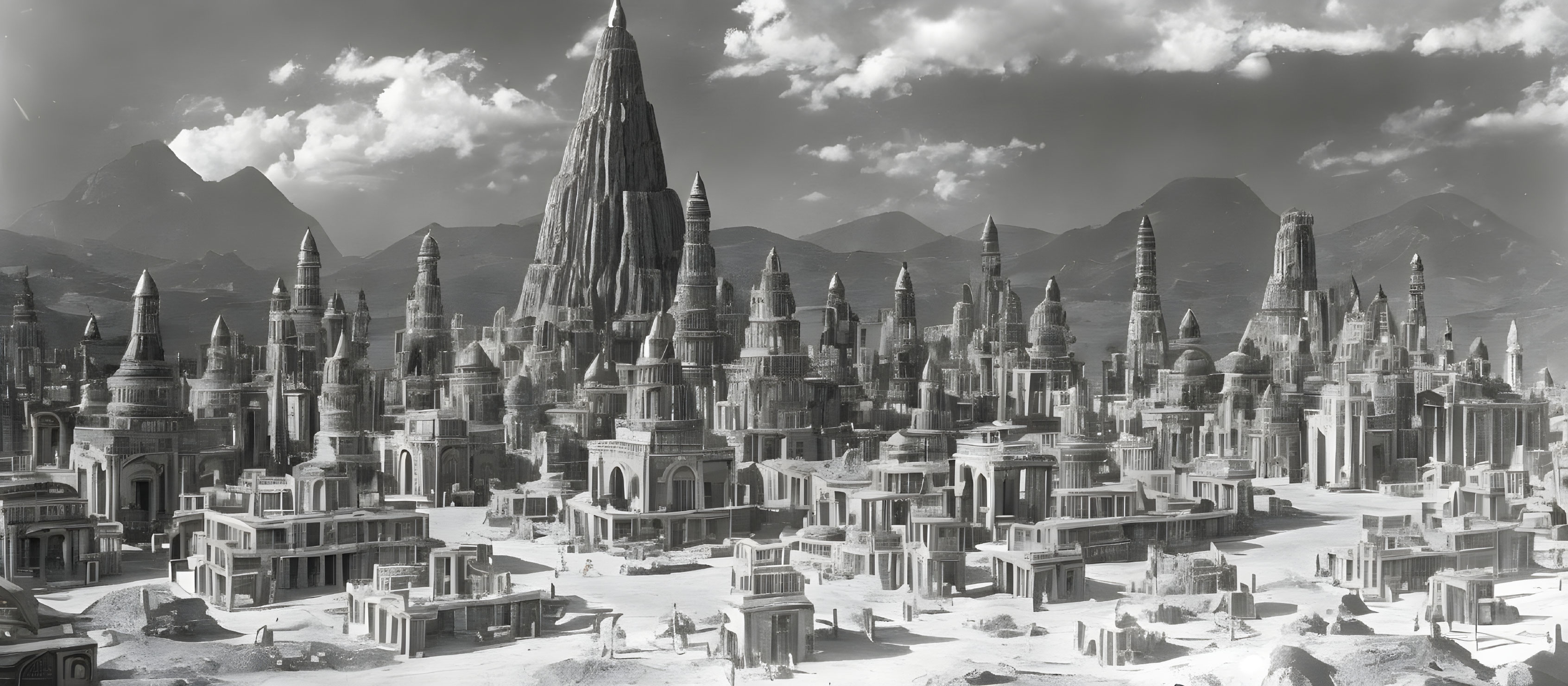 Monochromatic fantasy cityscape with spires and mountains