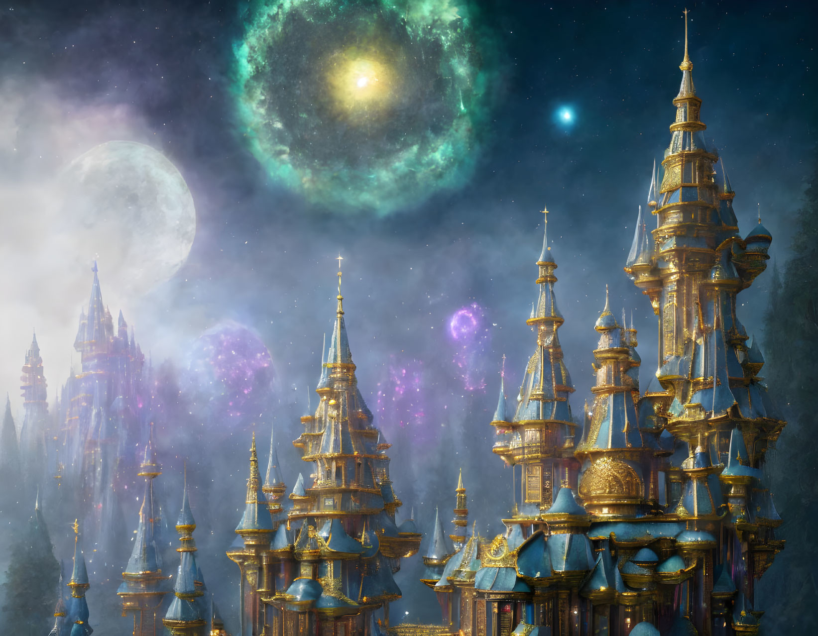 Golden castle with spires under starry sky, moon, planet, and cosmic clouds