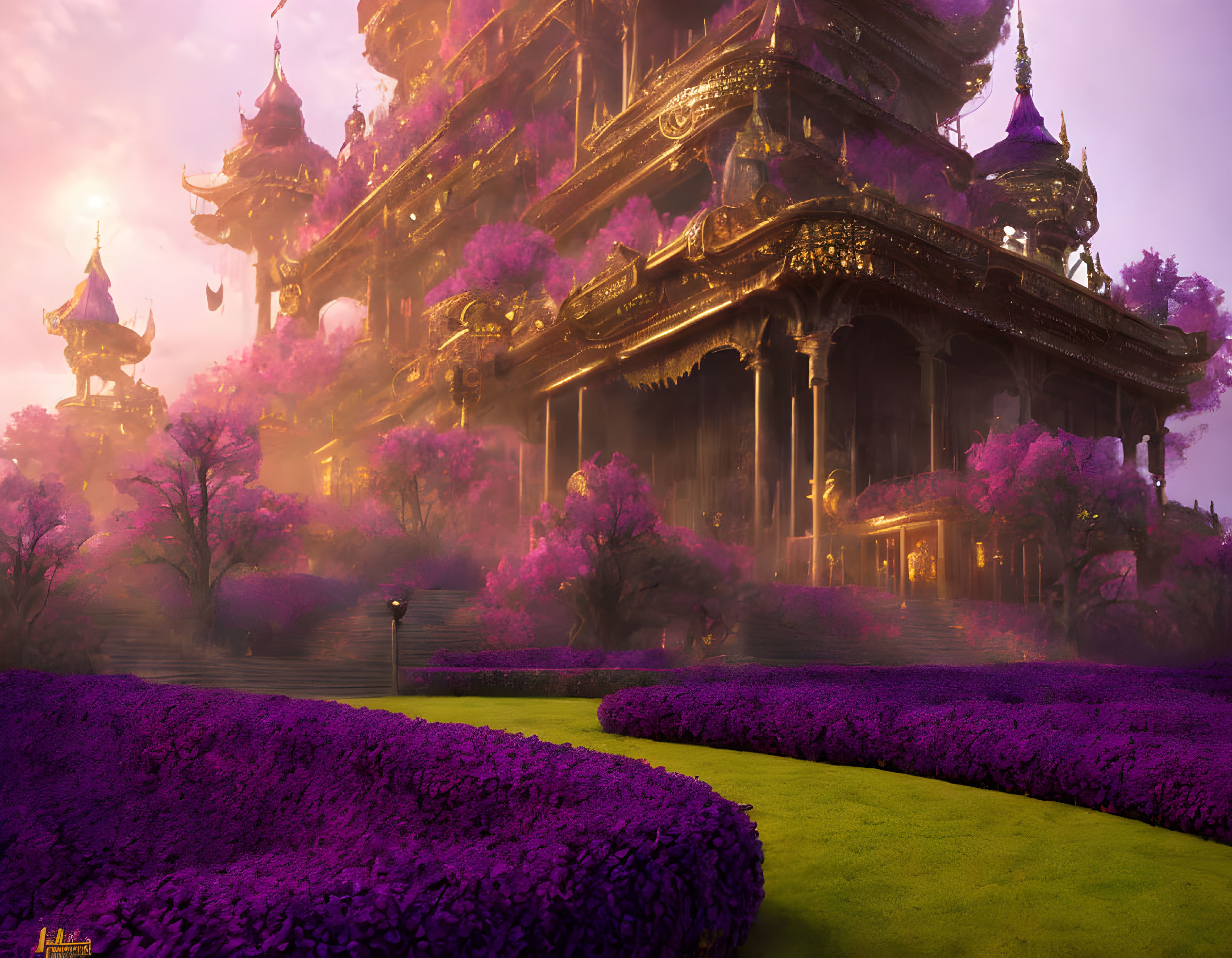 Purple Landscape with Flowering Trees and Ornate Temple at Dusk