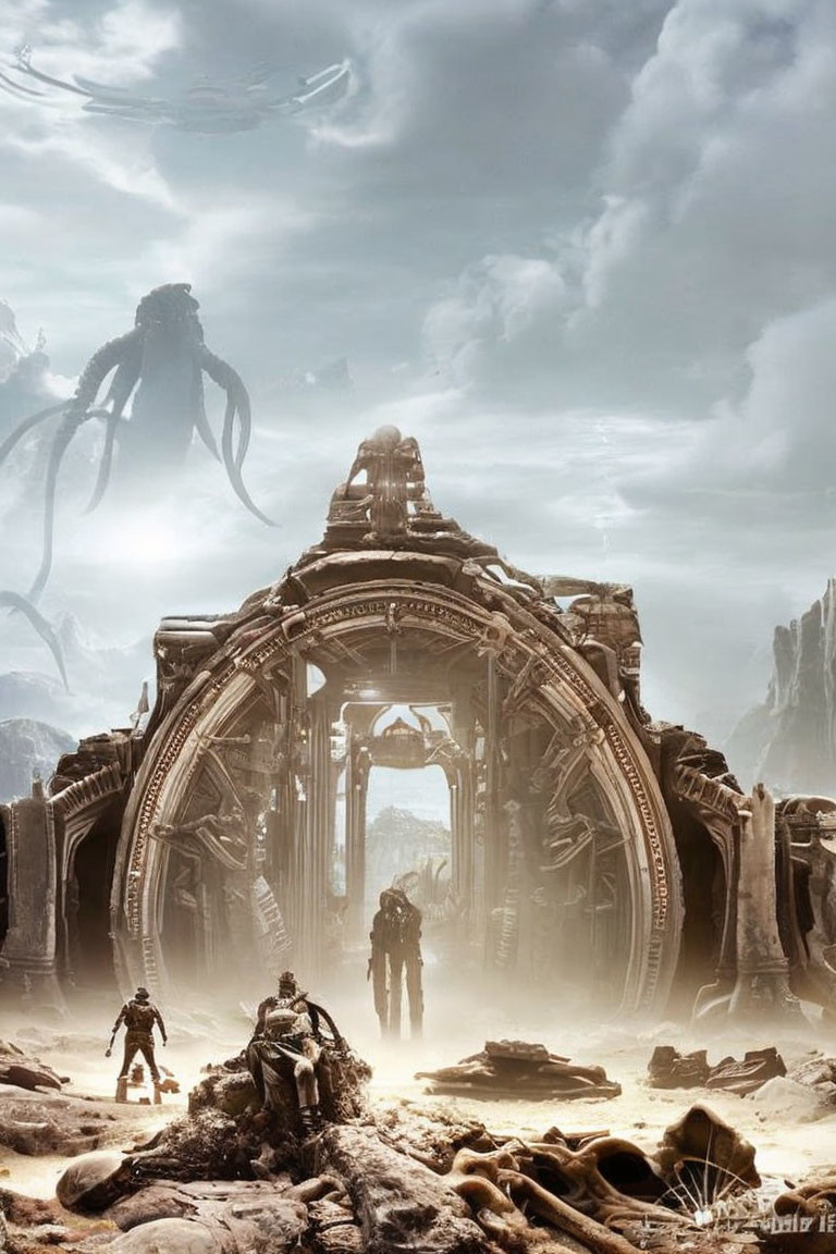 Futuristic desolate landscape with archway, figures in armor, alien tentacles, and scattered