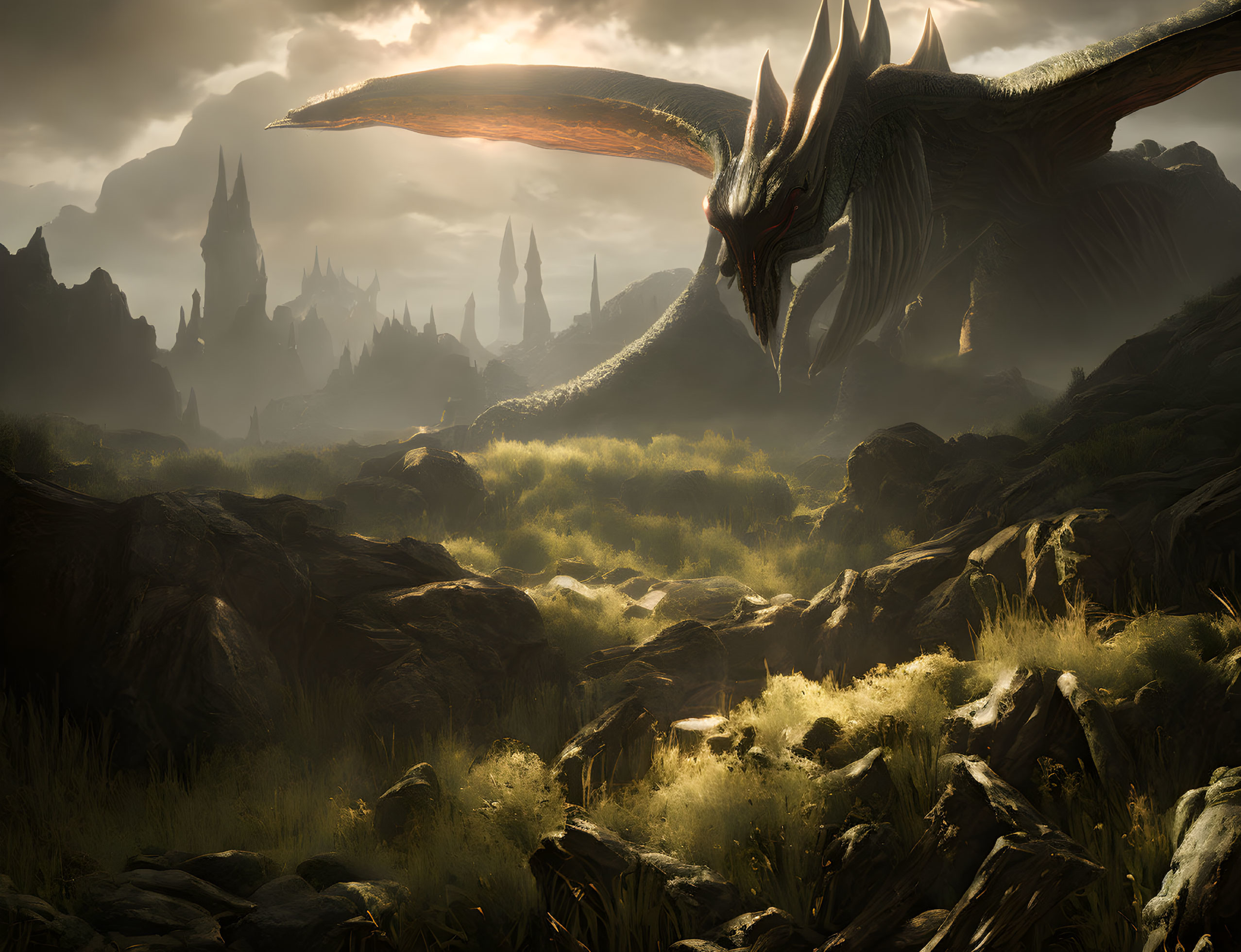 Majestic dragon in mystical landscape with towering spires and sunlight glow