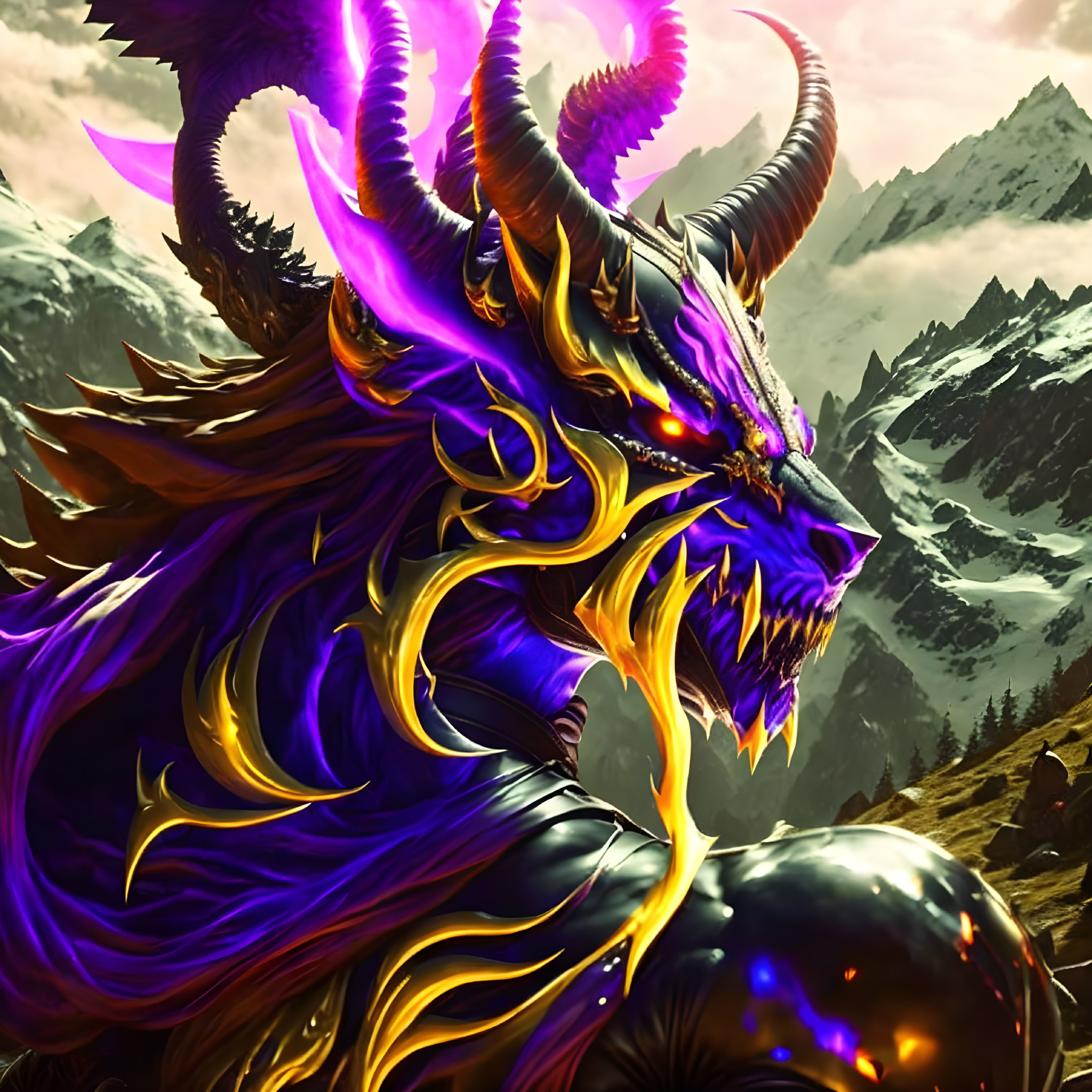 Digital artwork of mythical beast with purple glow and mountainous background