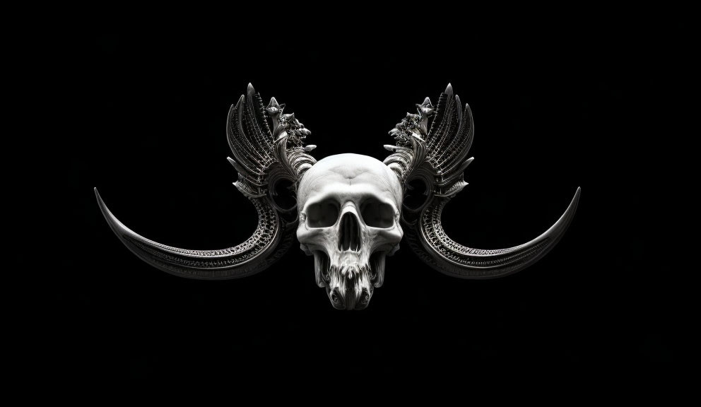 Symmetrical human skull with tusks and wings on black background