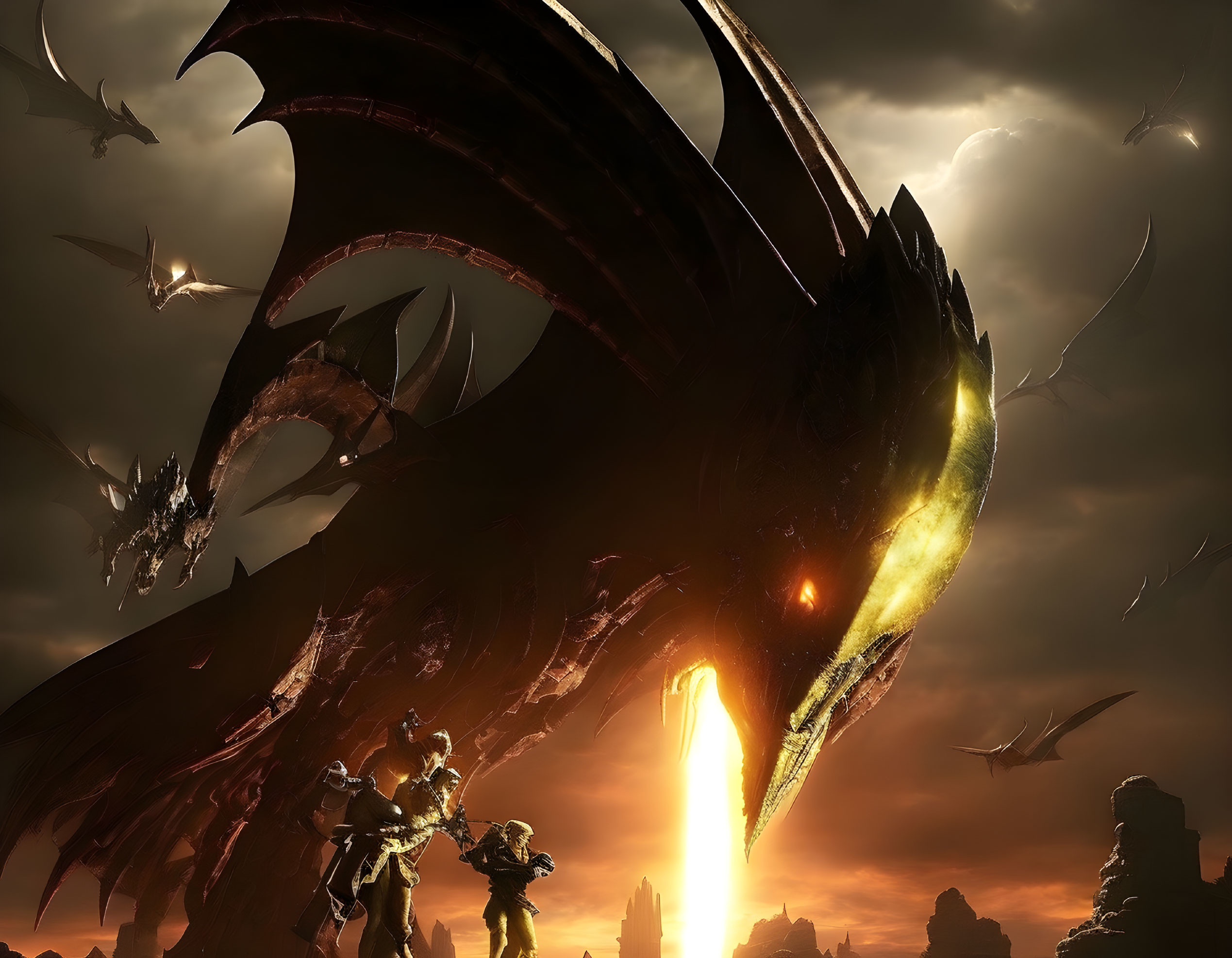 Armored warriors confront giant dragon at dusk with smaller dragons flying and fiery beacon.