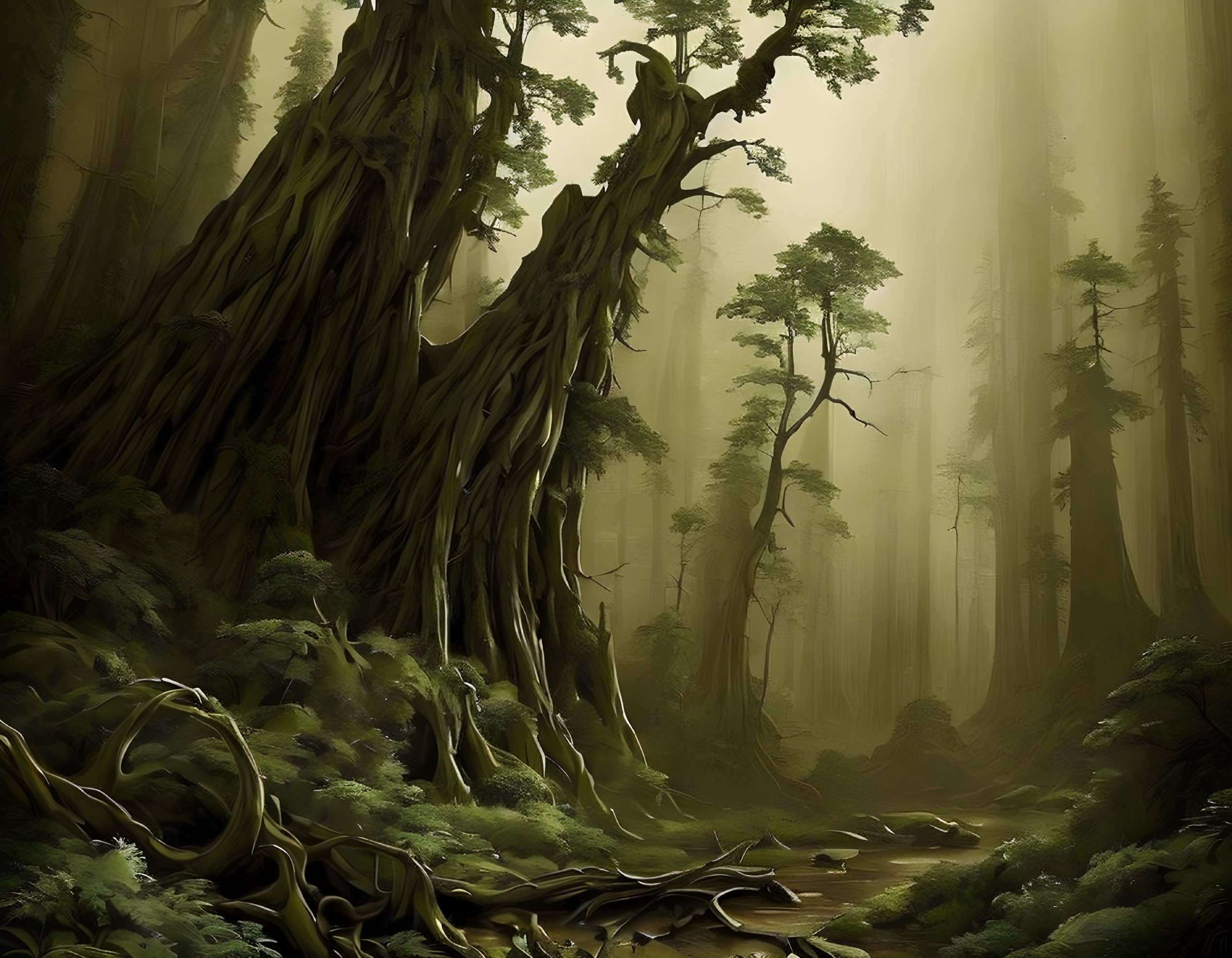 Majestic ancient trees in serene forest scene