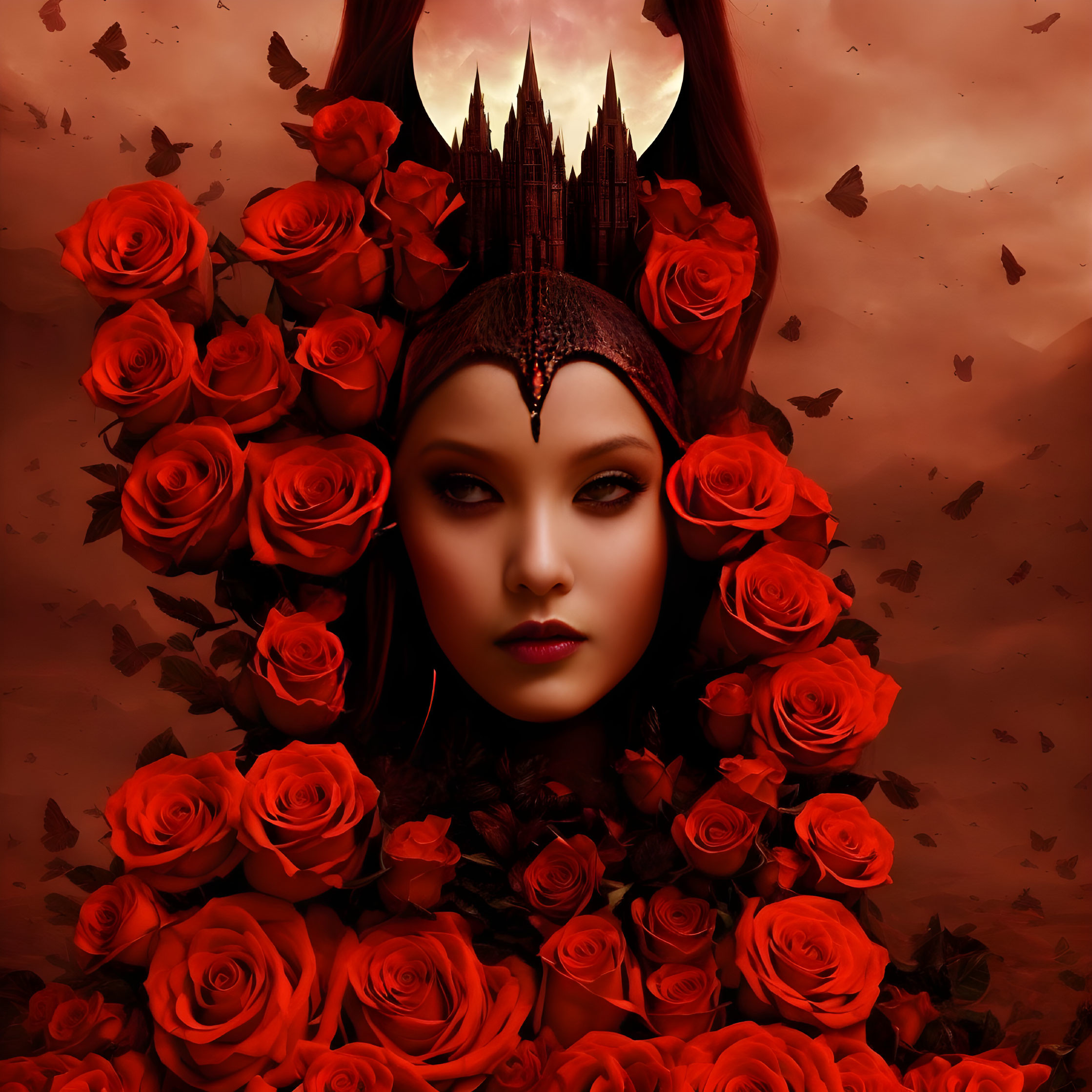 Fantastical image of woman's face with red roses and gothic castle