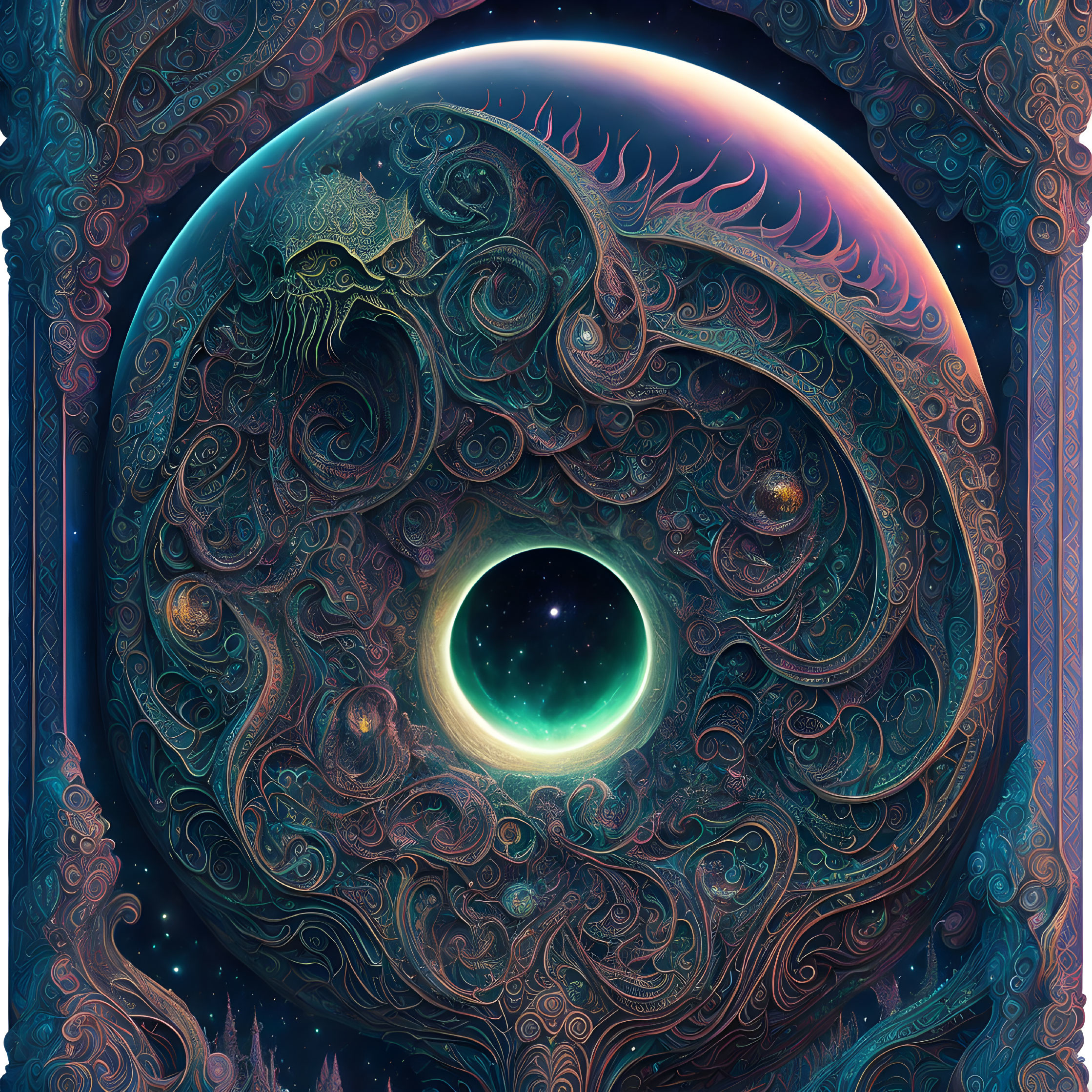 Colorful cosmic artwork with yin-yang symbol and celestial bodies in ornate pattern