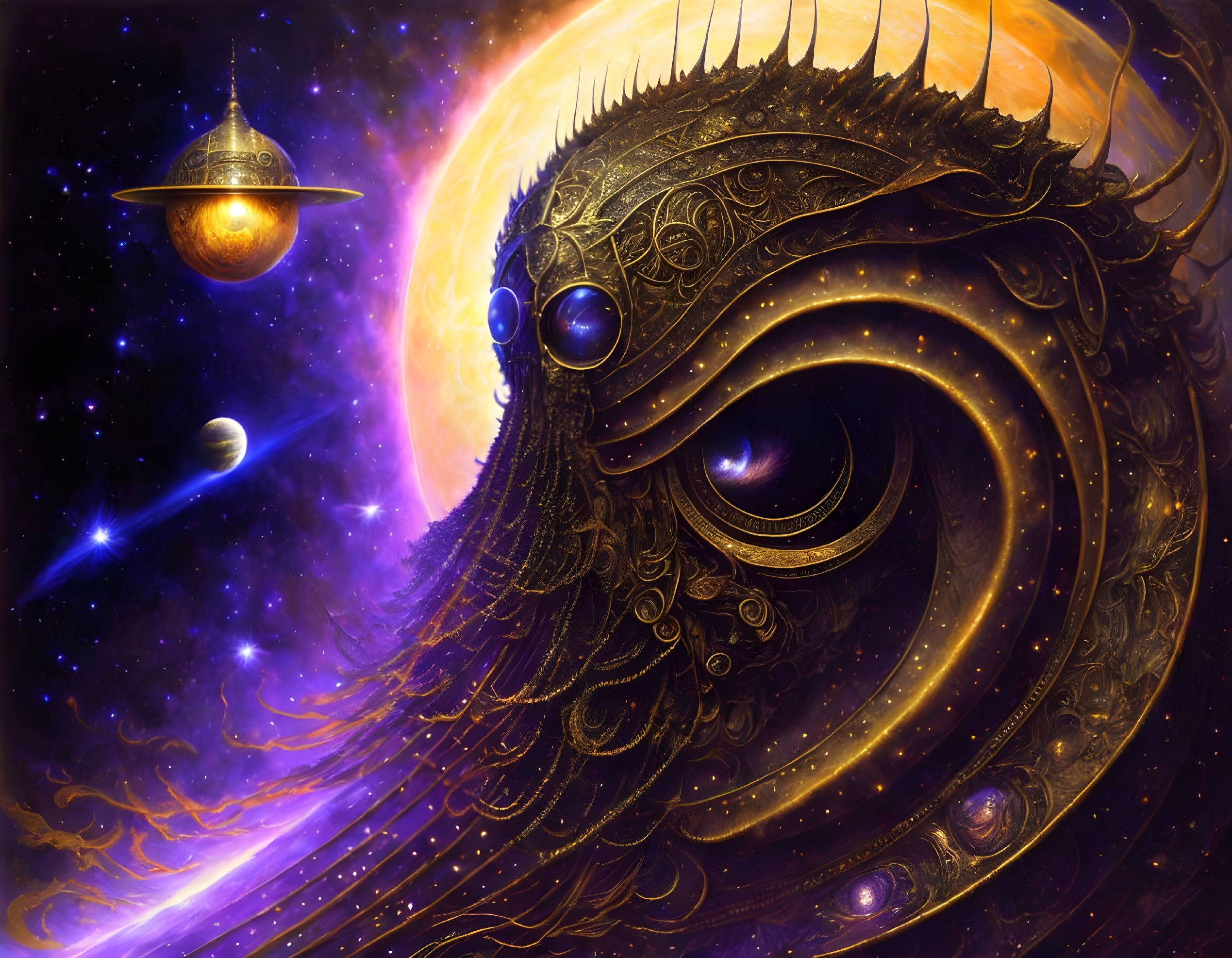 Ornate spiral eye with cosmic elements on vibrant background