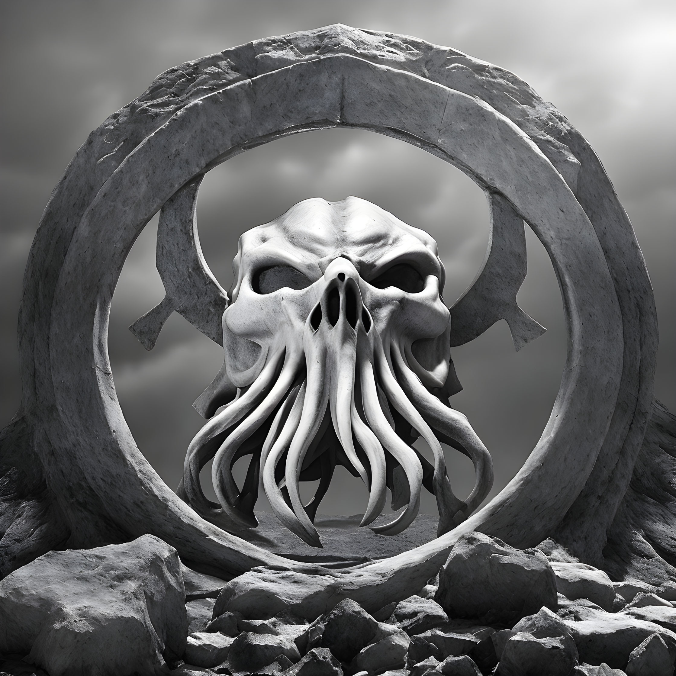 Monochrome surreal image of skull with tentacles in circular stone structure