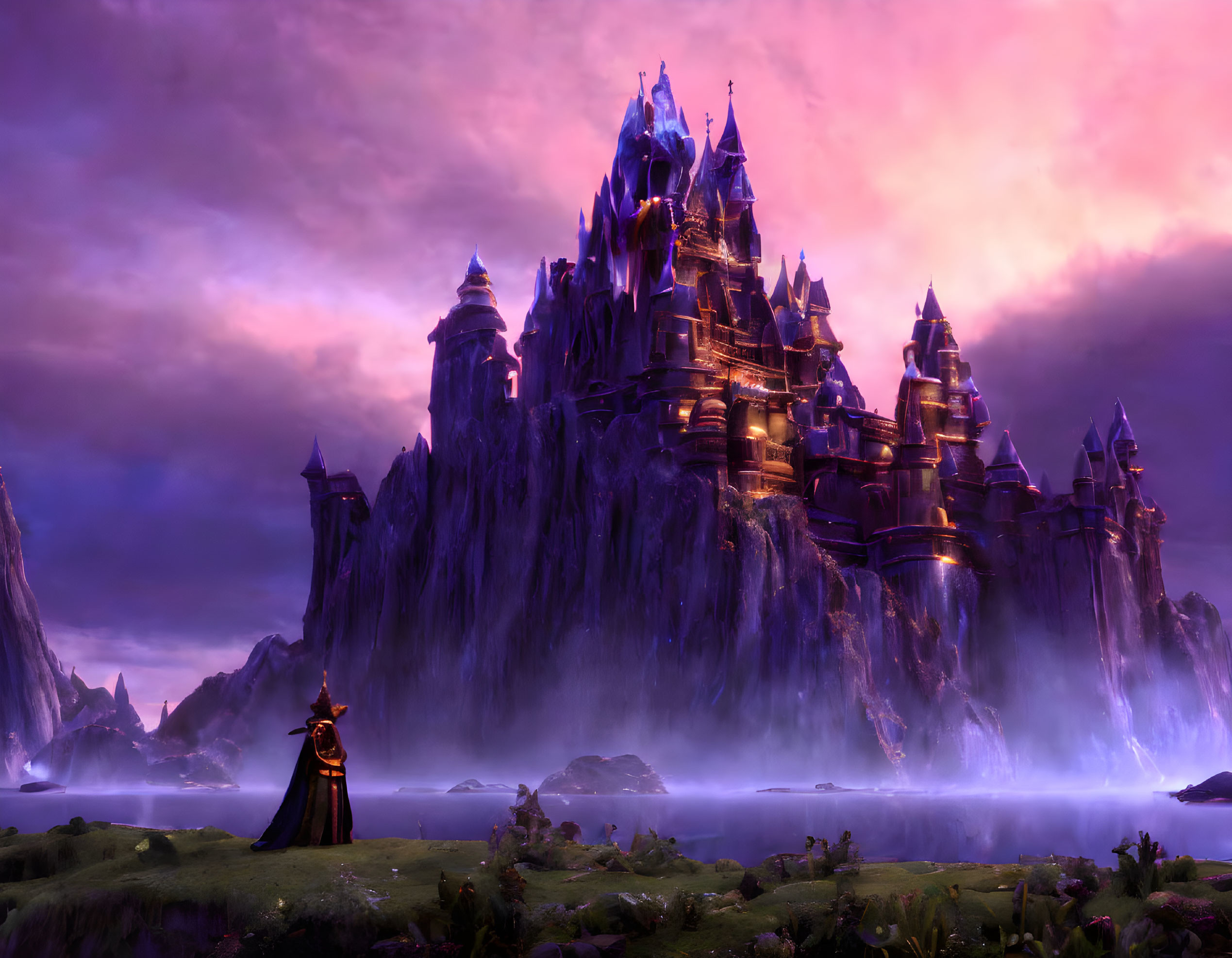 Purple-Hued Castle on Cliffs with Figure in Cloak at Twilight