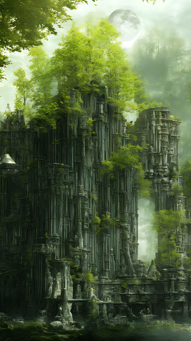 Mystical forest with ancient ruins and foggy atmosphere