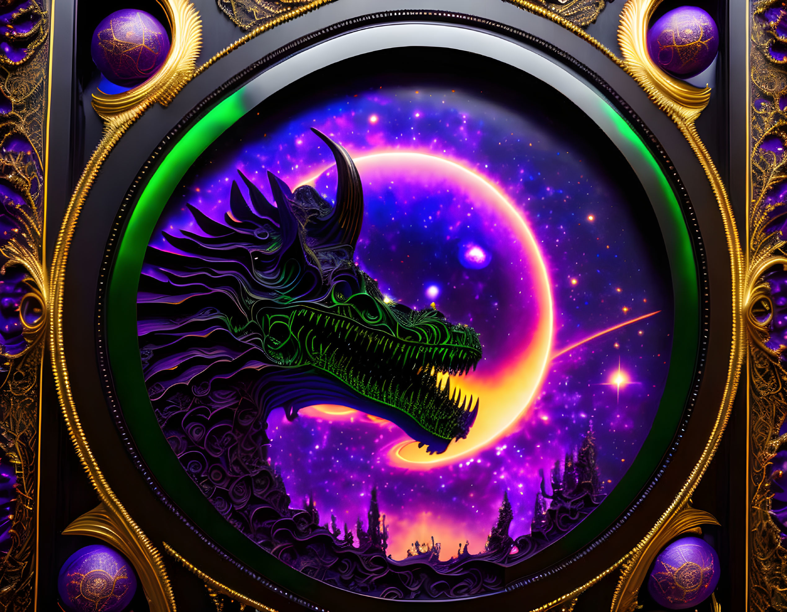 Circular Frame Cosmic Scene with Dragon Silhouette, Moon, Nebulas, Trees