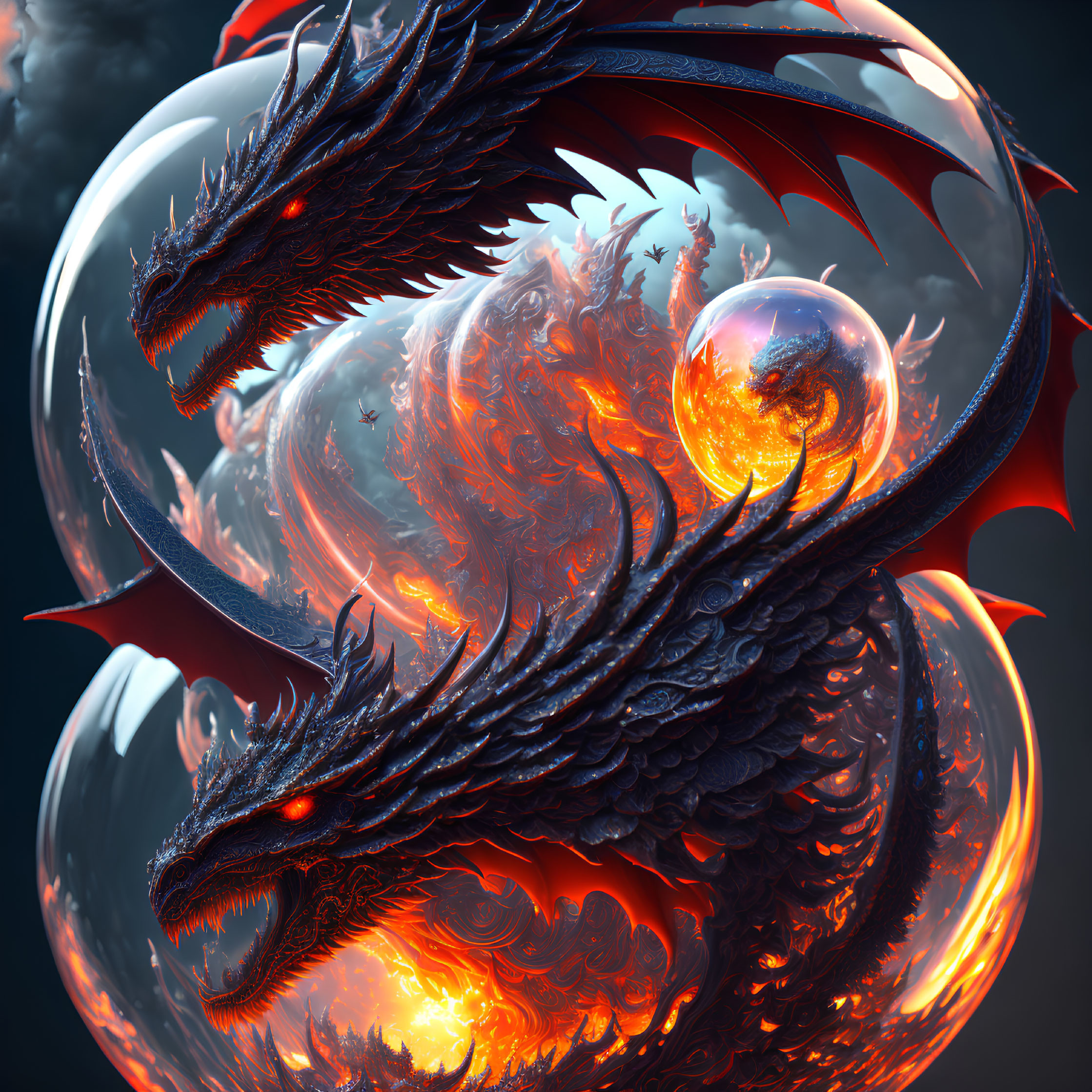 Fiery dragon with glowing eyes and reflective orbs on dark background