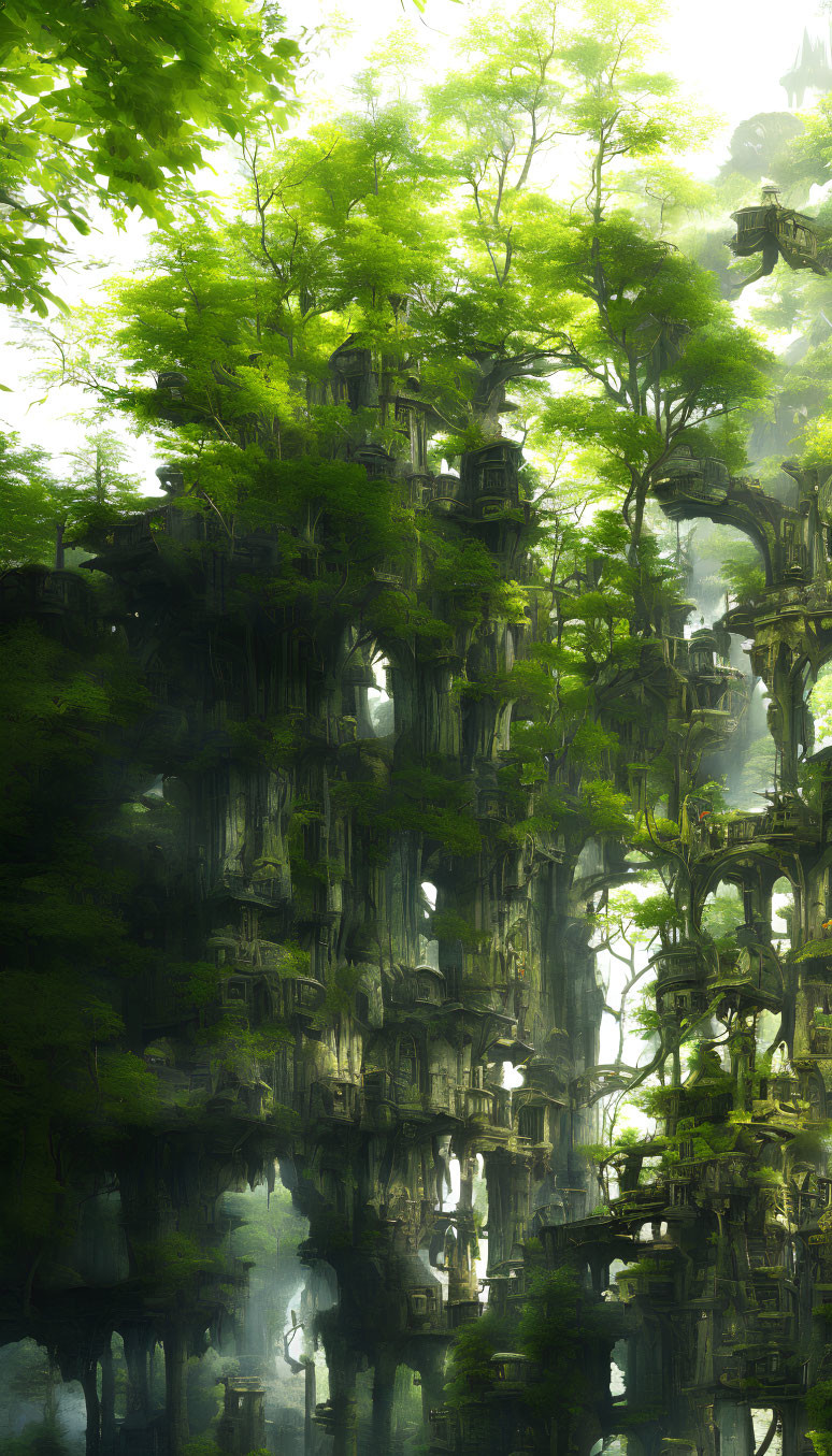 Mystical forest with lush green trees and ancient ruins or treehouses in foggy setting