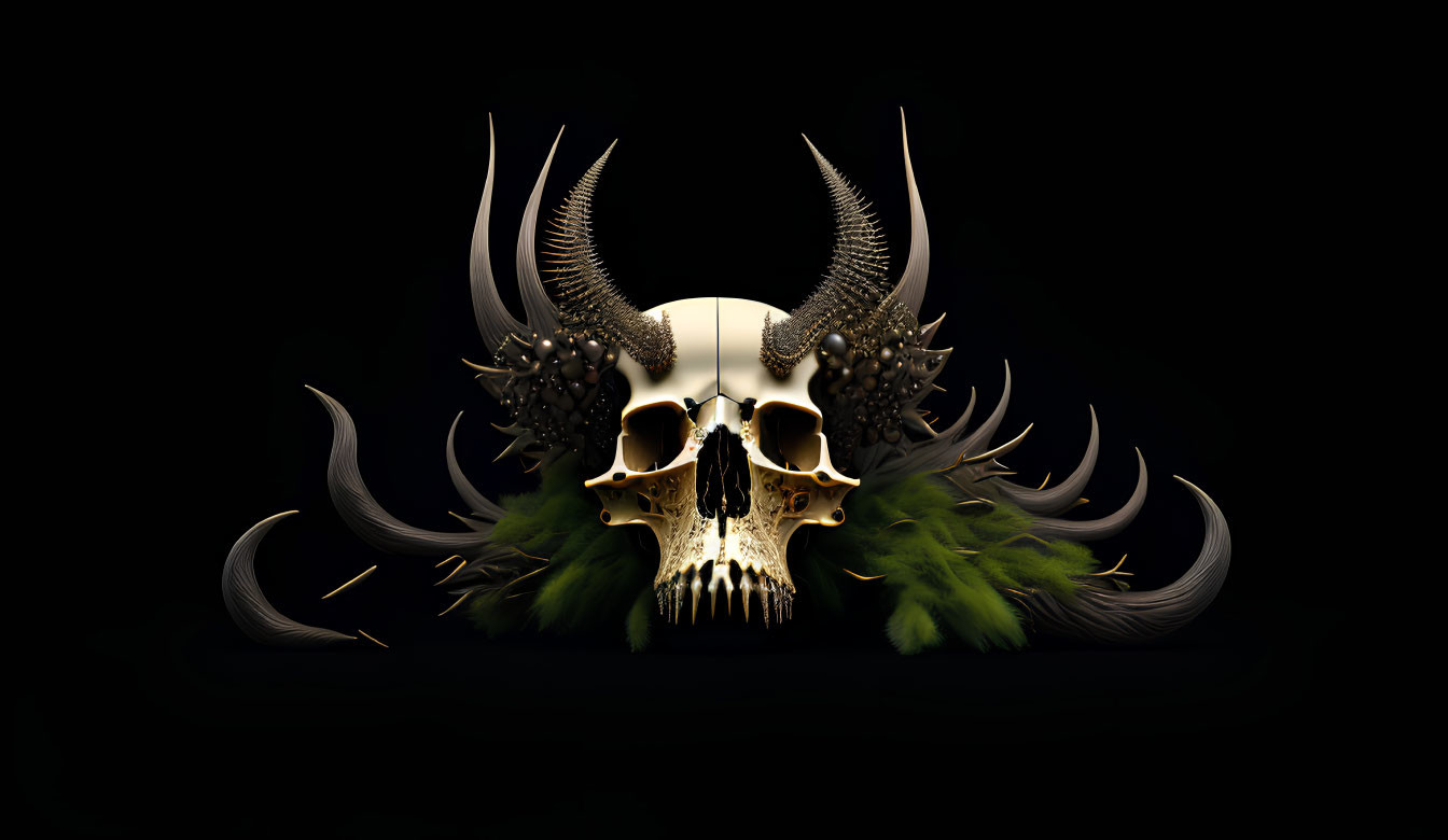 Skull with horns, feathers, and beads on black background