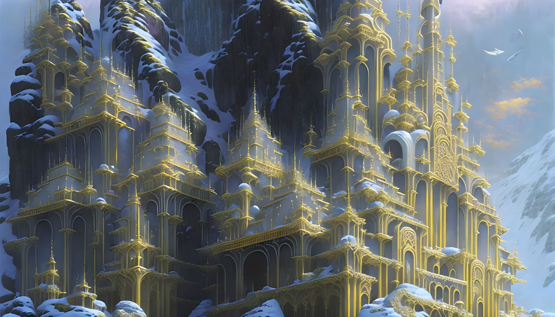 Intricate Gothic architecture of golden castle in snowy mountain cliffs