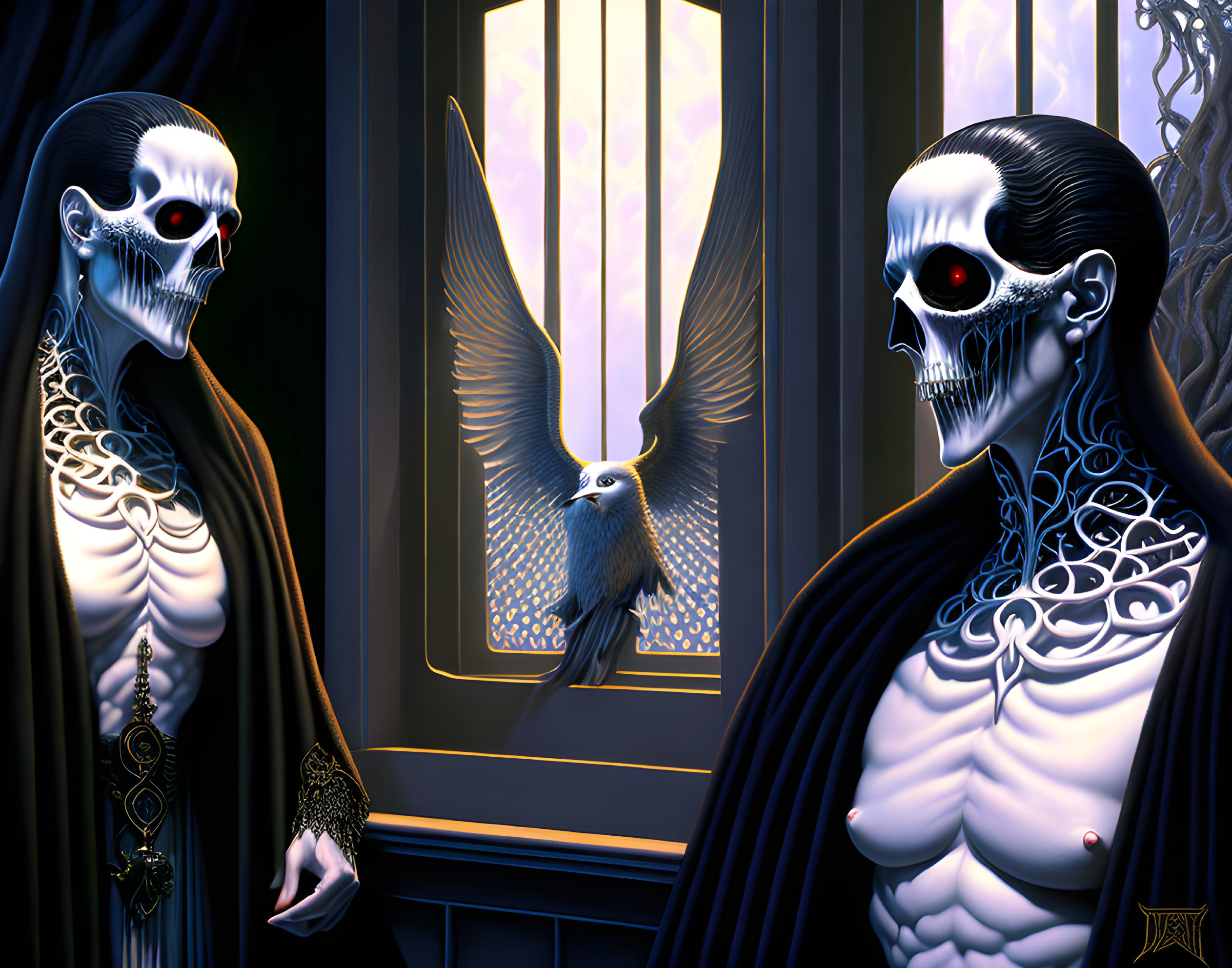 Gothic artwork: Skeletal figures in elaborate attire with red eyes, eagle, and lumines