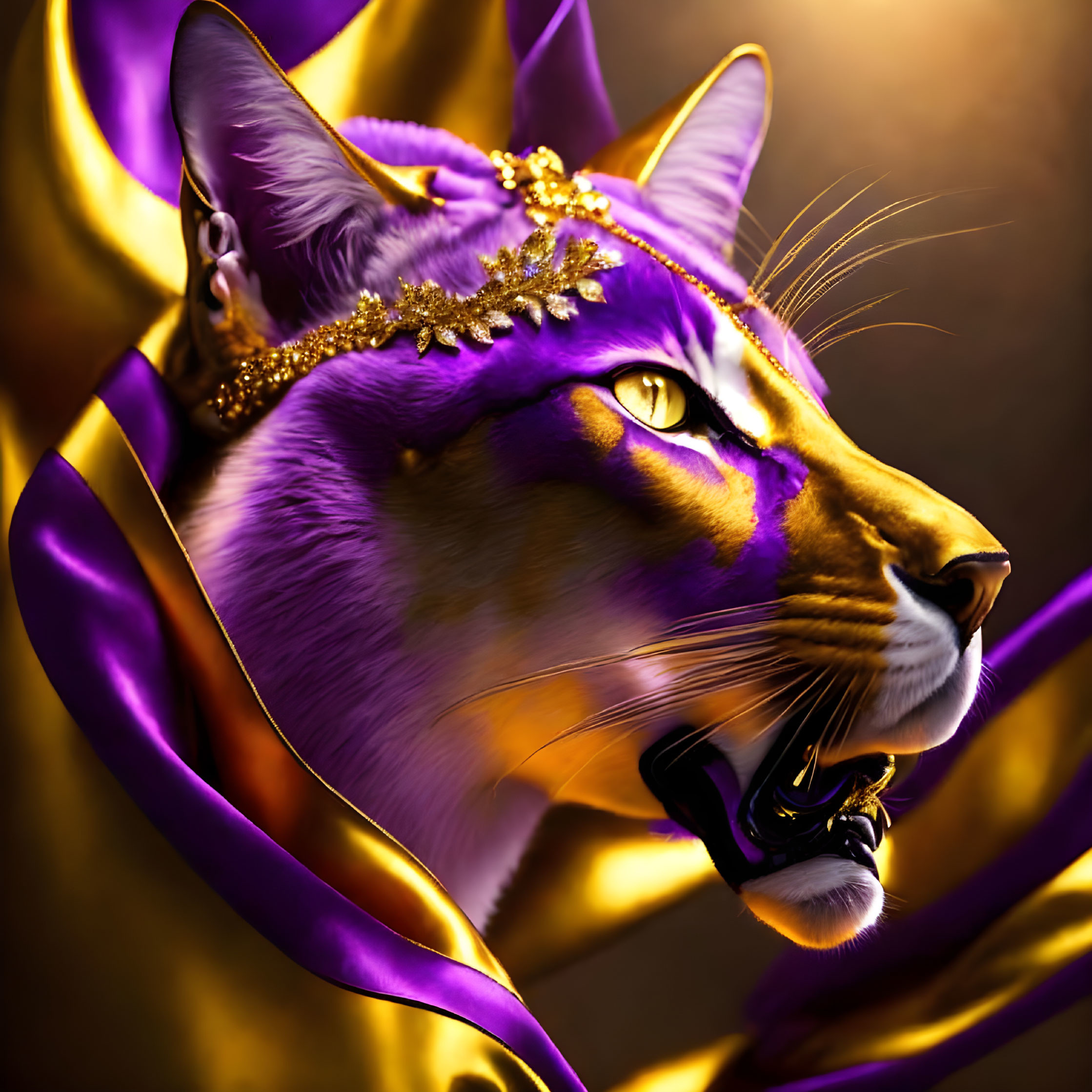 Regal purple cat with golden eyes in jewel-encrusted tiara