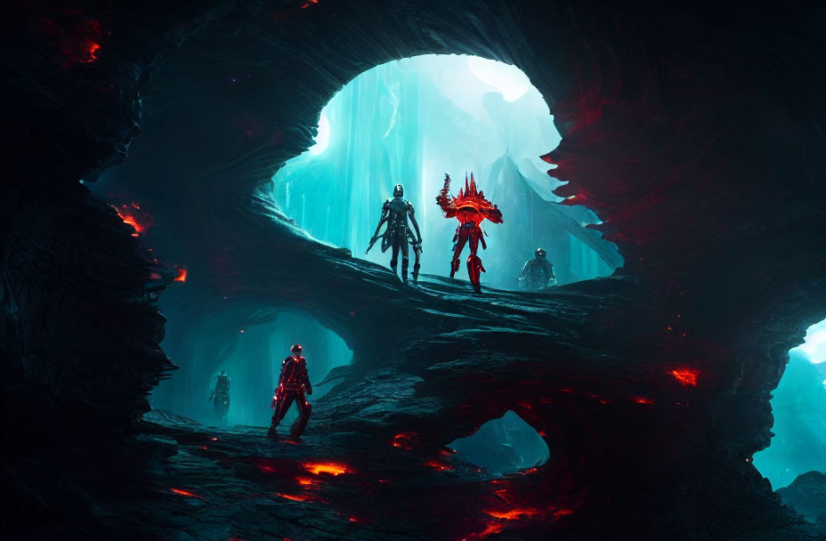 Armored figures in blue-lit cavernous landscape with red accents