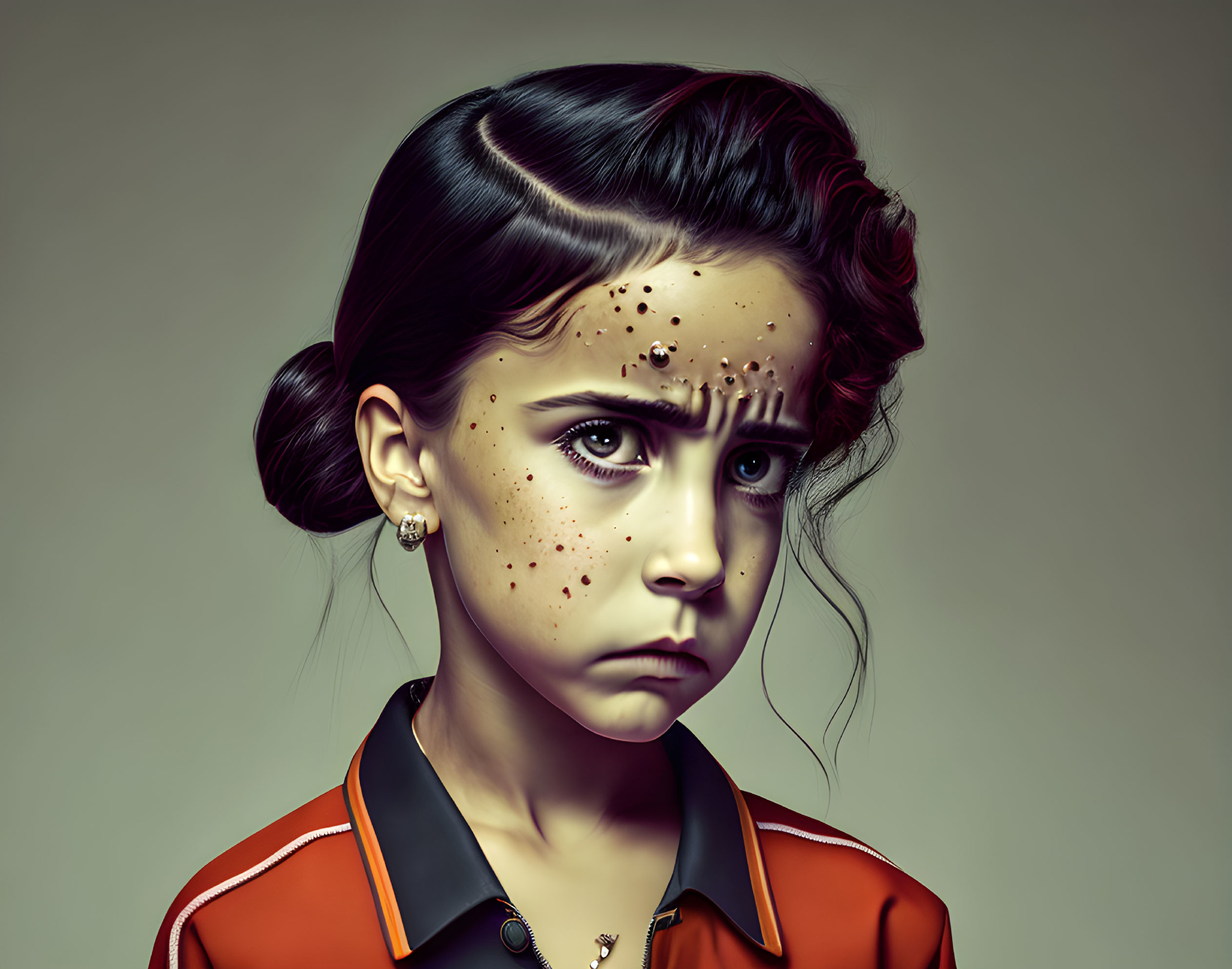 Digital artwork featuring young girl with concerned expression, freckles, styled hair on grey background