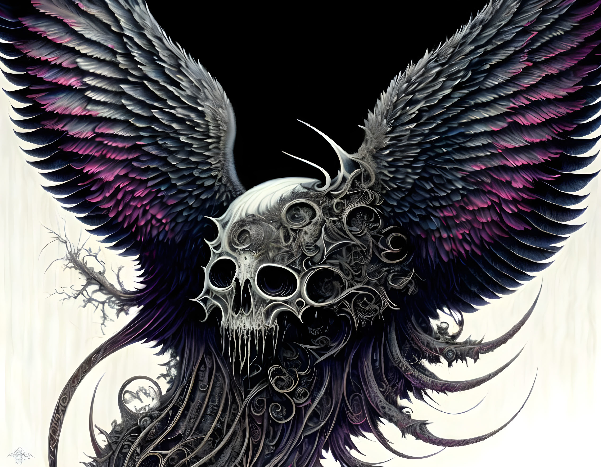 Skull Artwork with Filigree and Majestic Wings in Black and Deep Purple