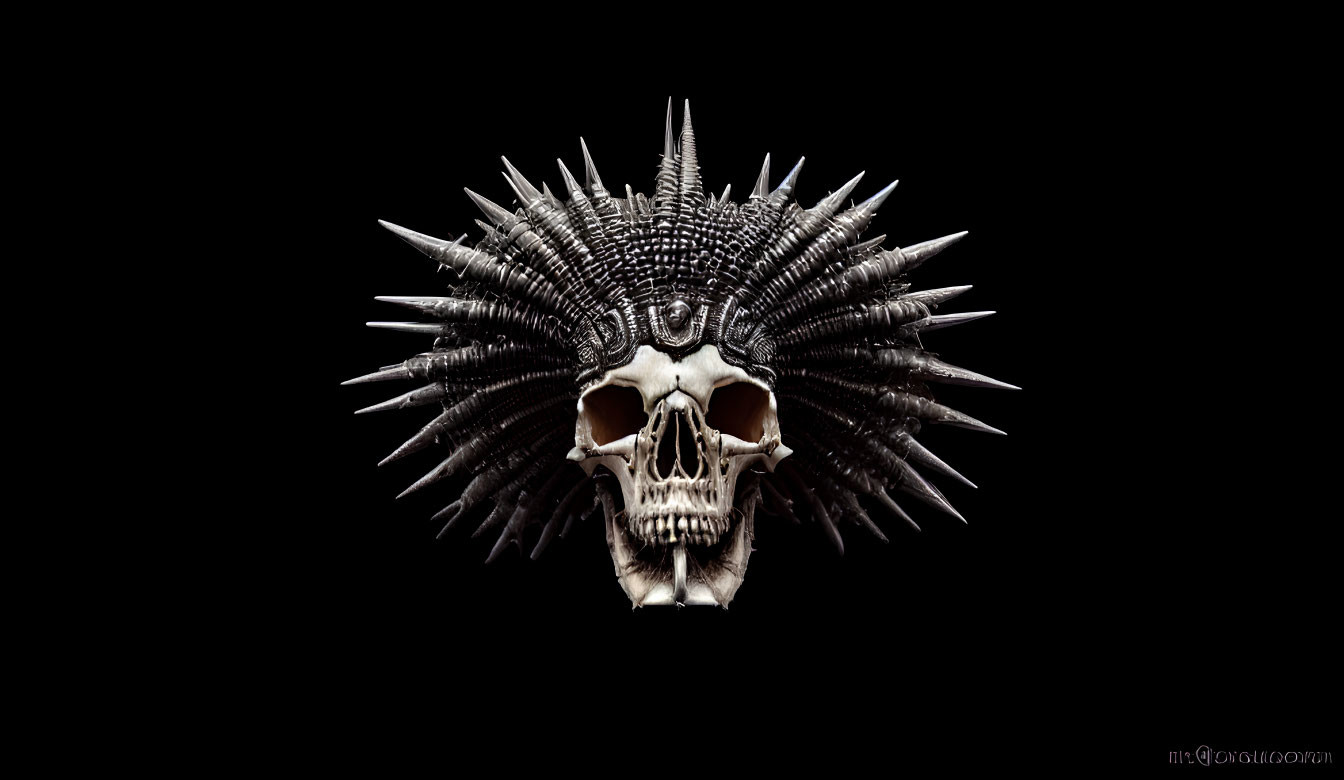 Elaborate spiked headdress on skull against black background