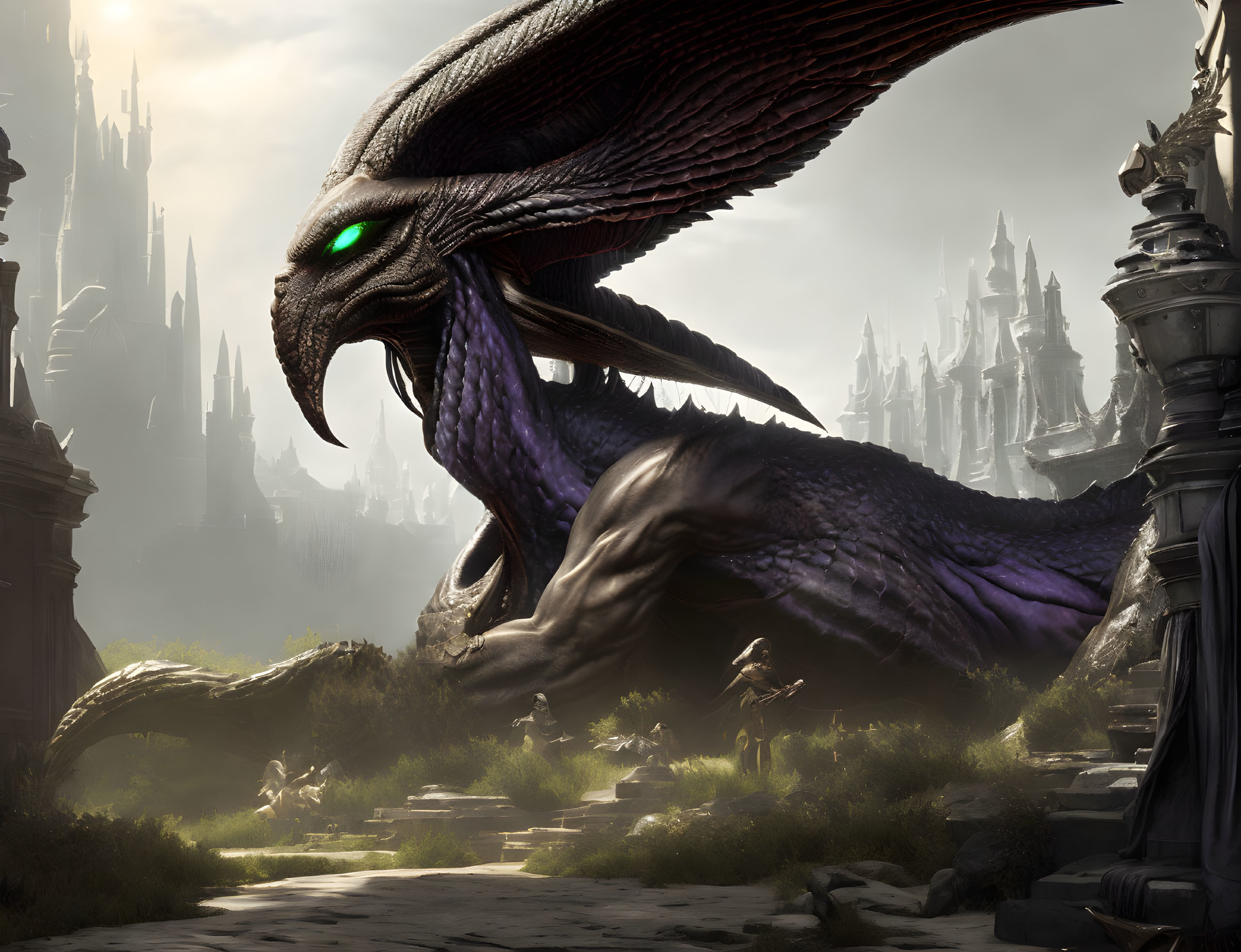 Purple dragon with green eyes confronts figure in misty landscape