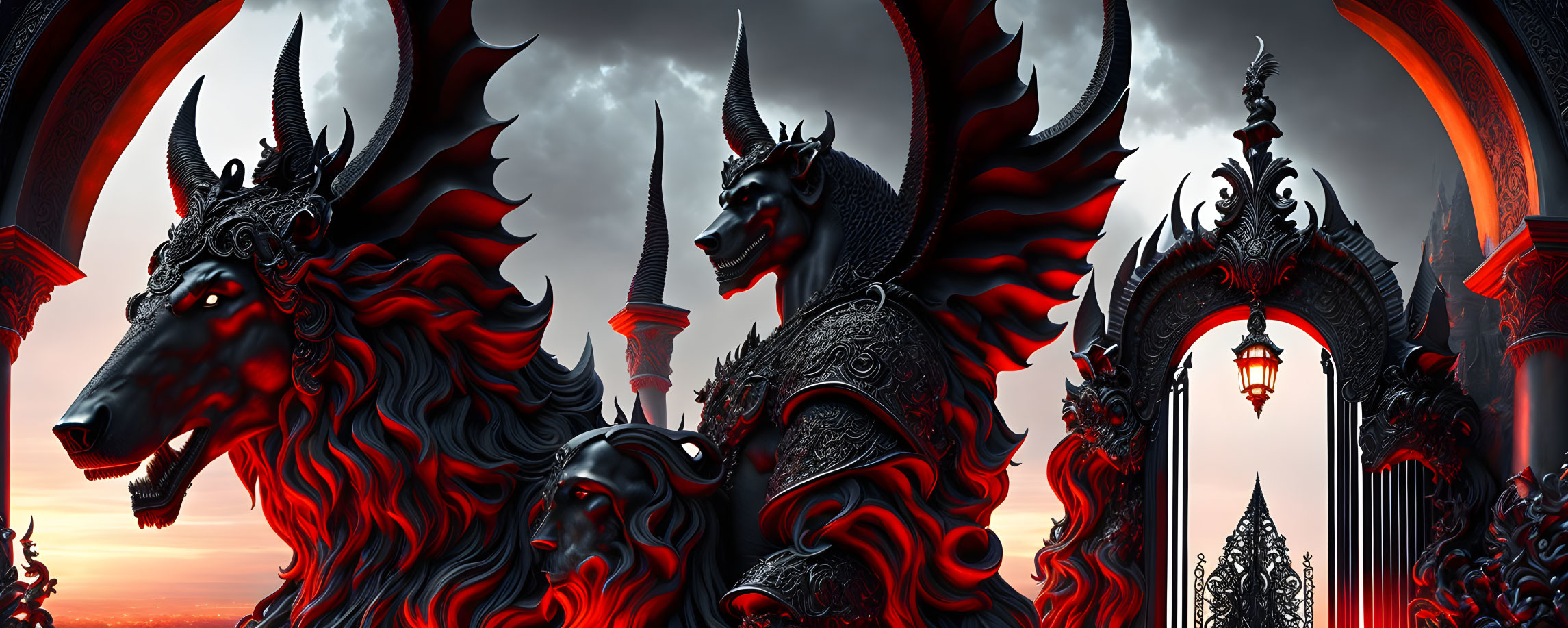 Imposing black dragon-horse and dark figure in gothic setting