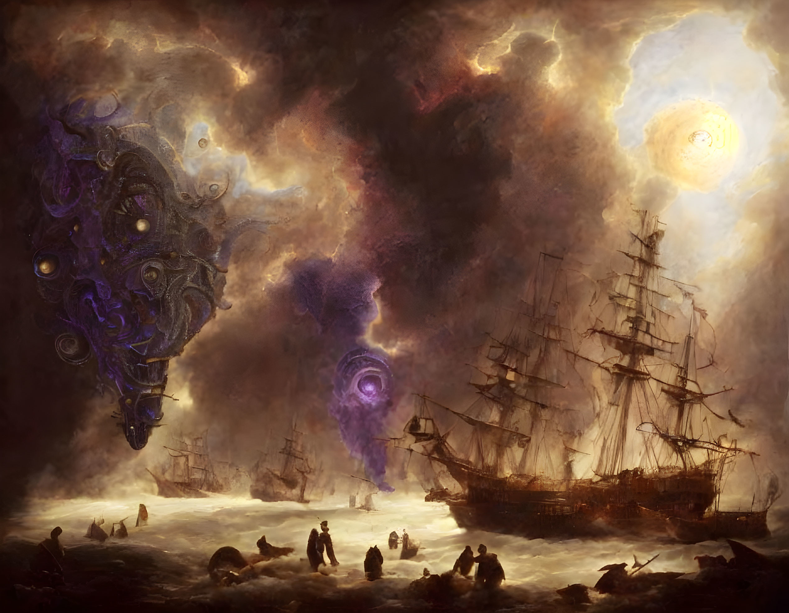 Maritime scene with ethereal creature, vintage sailing ship, fiery sky, and shadowy figures