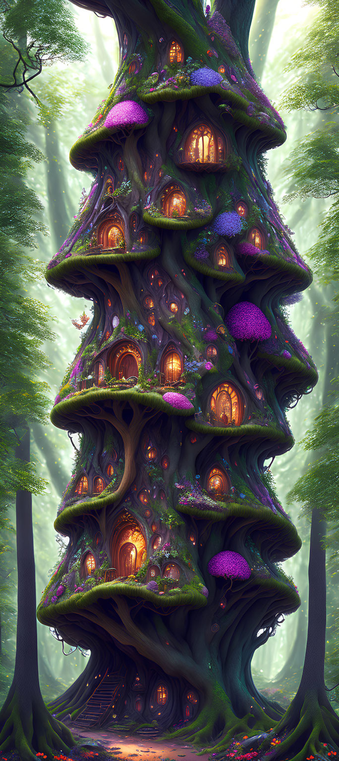 Enchanting multi-level treehouse in mystical forest