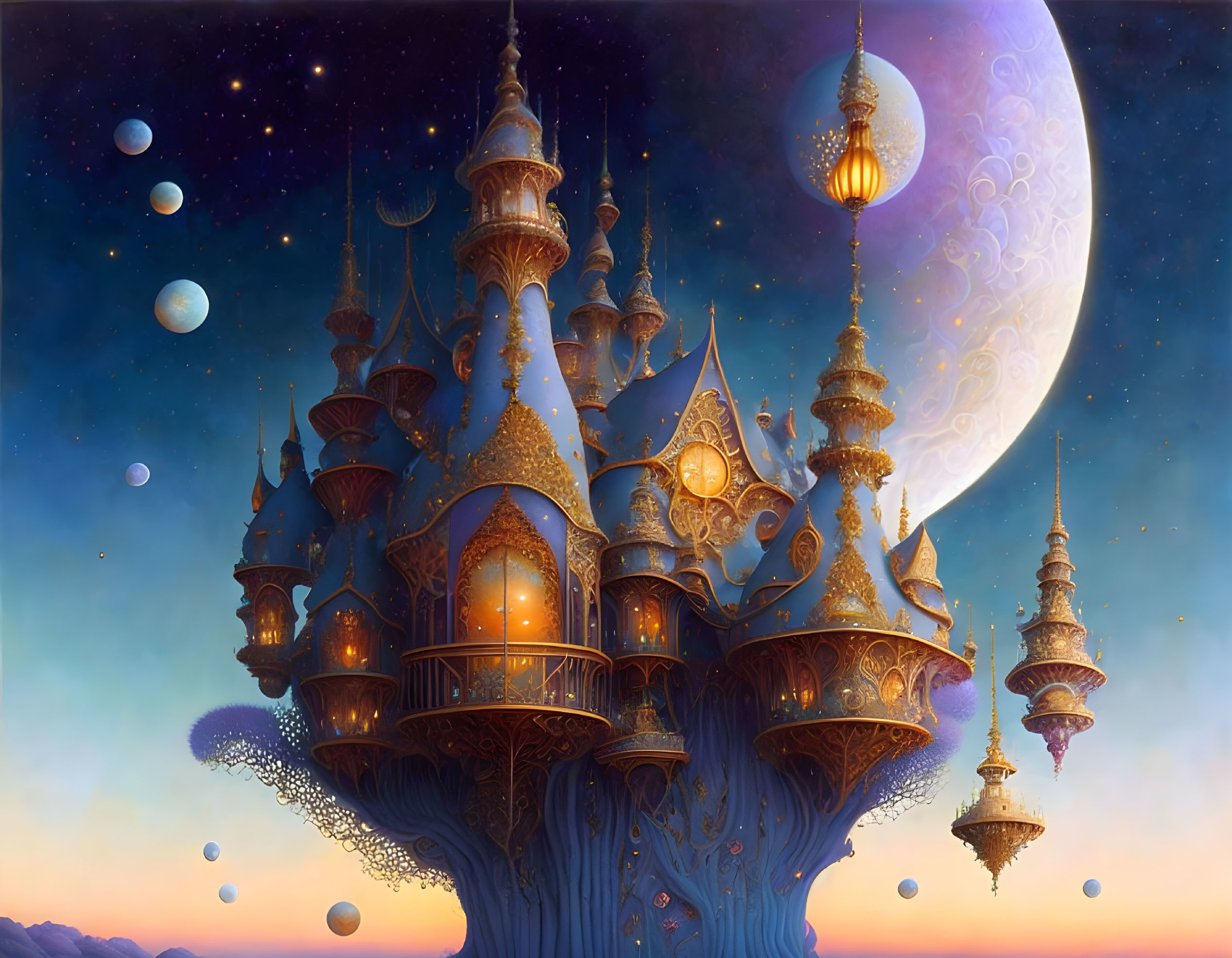 Fantastical illuminated castle on giant tree with celestial backdrop