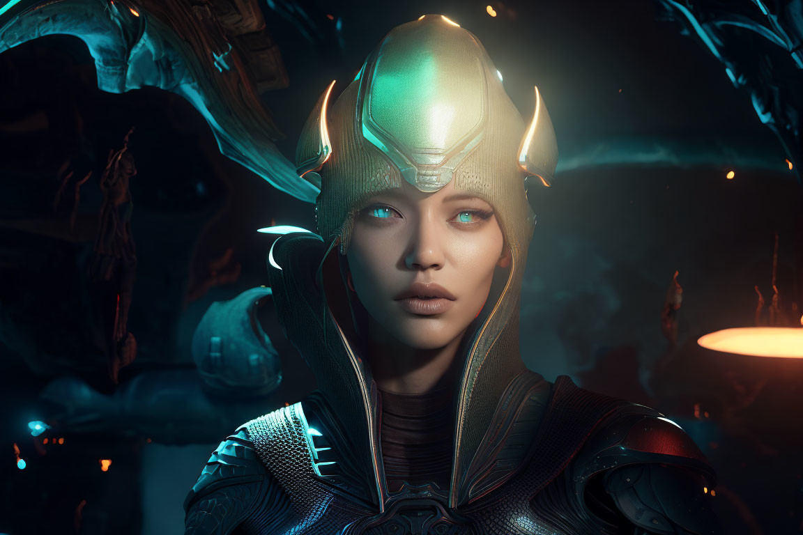 Female warrior with glowing blue eyes and ornate helmet in mystical setting